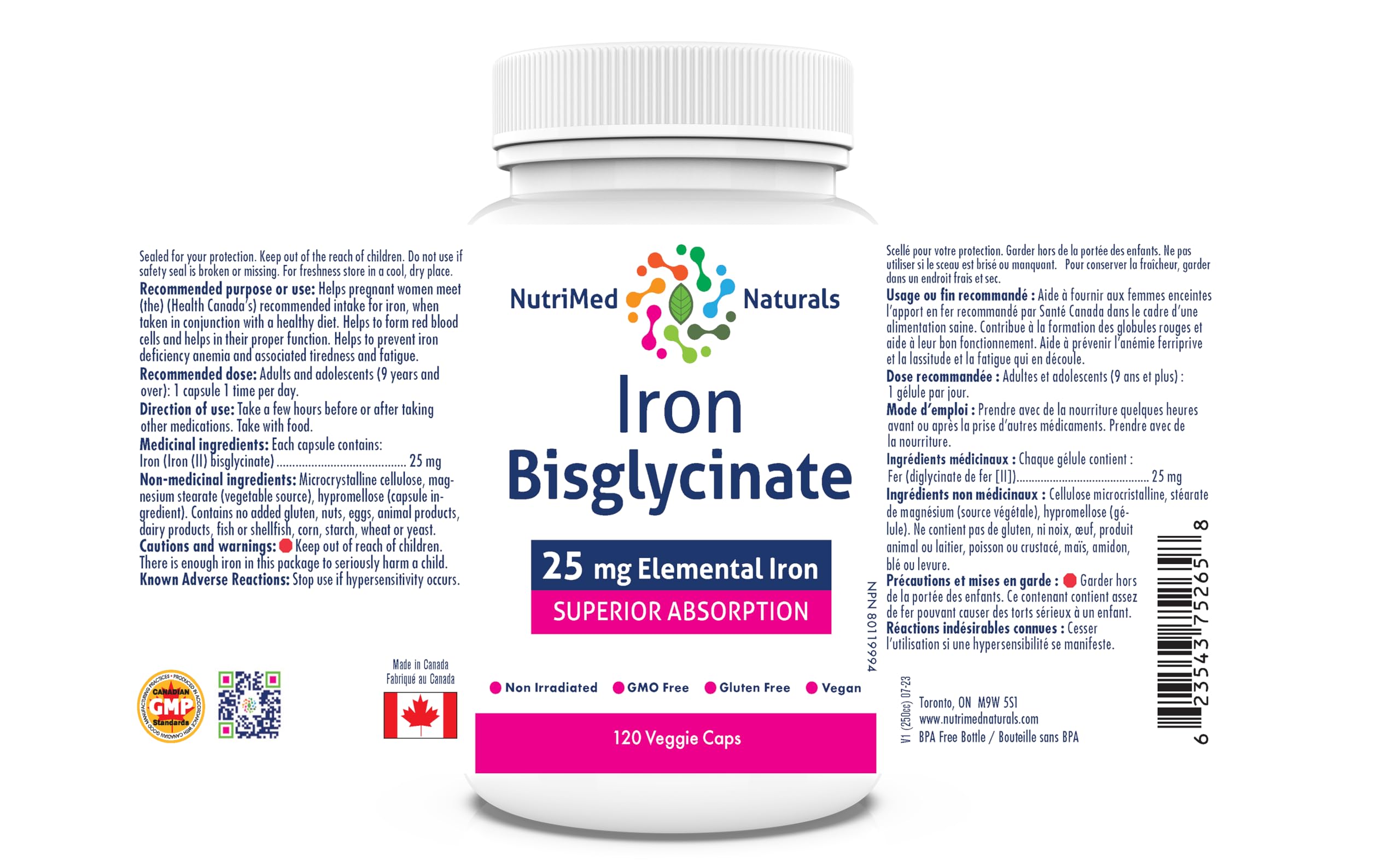 Nutrimed Naturals - Bisglycinate de Fer, 120 Gélules Végétaliennes, 120 Jours d'Approvisionnement - 25mg de Fer Élémentaire pour l'Anémie Ferriprive et la Fatigue Associée - Testé par un Tiers - Formulé et Fabriqué au Canada