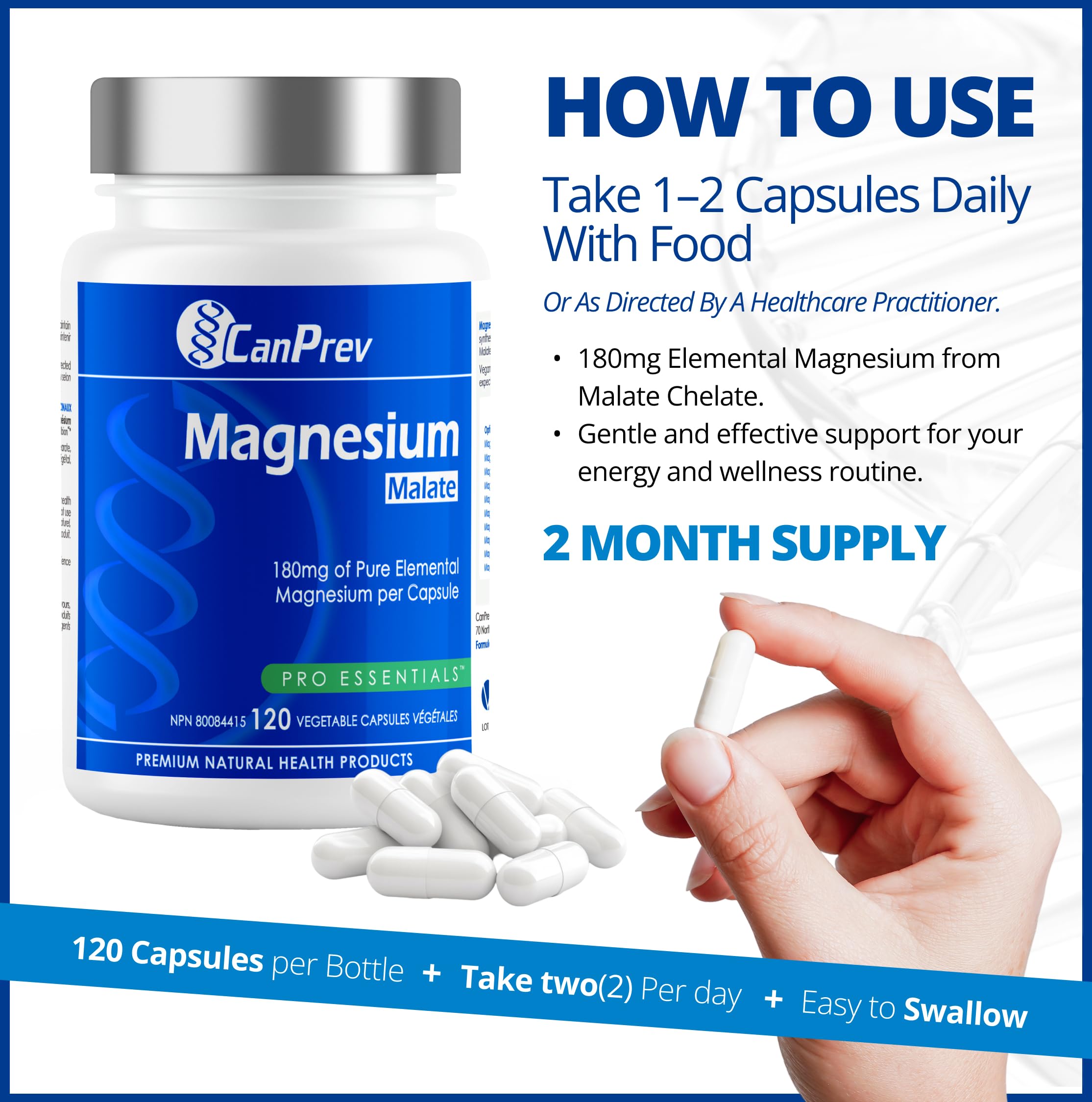 CanPrev Malate de Magnésium 180mg, 120 Gélules Végétaliennes, 120 Jours d'Approvisionnement - Supplément de Magnésium Pur pour l'Énergie, le Sommeil et le Bien-être Général - Absorption Améliorée, Relaxation Musculaire et Soutien Énergétique