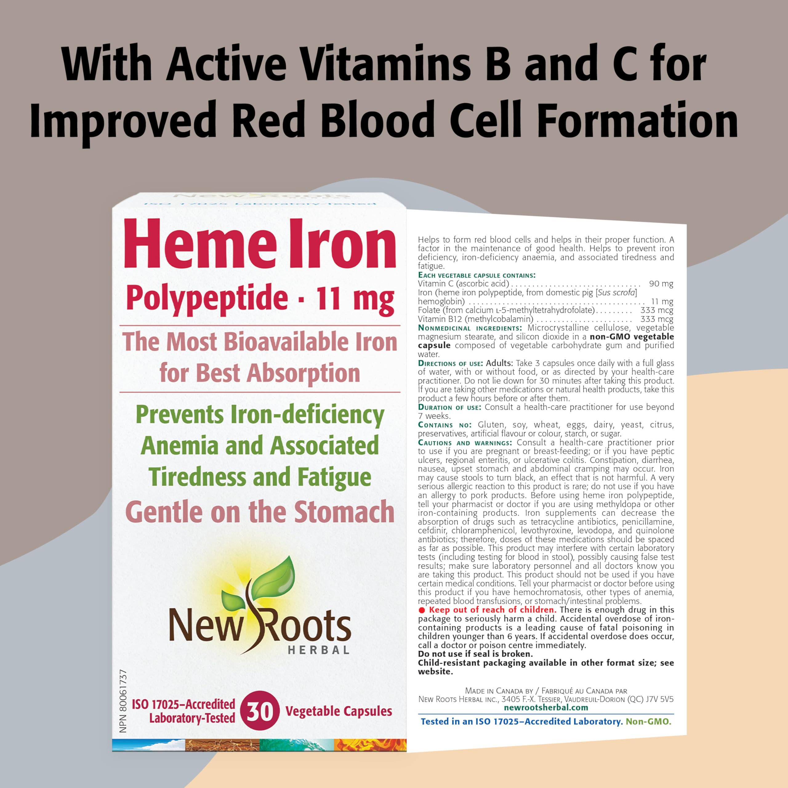 New Roots Herbal Heme Iron Supplement, 30 Veg Capsules, Iron & Vitamin C for Enhanced Absorption, Promotes Iron Levels & Red Blood Cell Function, Non-GMO, Gentle on Digestion & Easy to Take