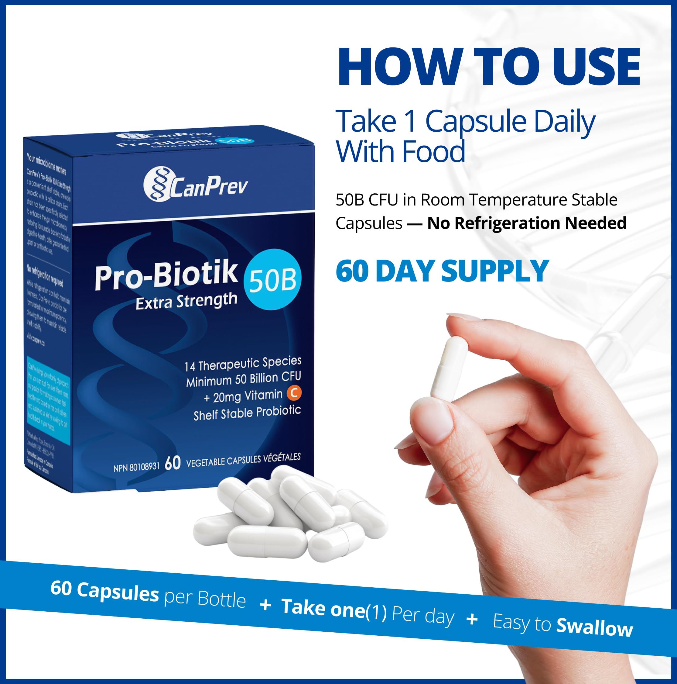 CanPrev - Pro-Biotik 50B Extra Strength - Helps to Support Immune Function and Promote a Favorable Gut Flora - Helps Support Intestinal Gastrointestinal Health
