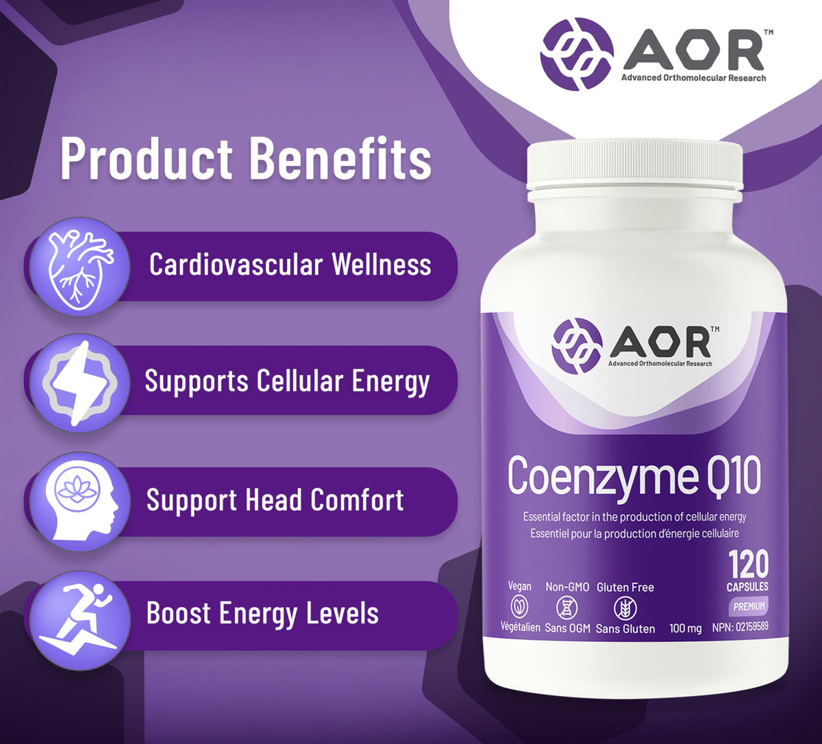 AOR CoQ10 Supplement, Coenzyme Q10 100mg, No Fillers, Vegan, 120 Capsules