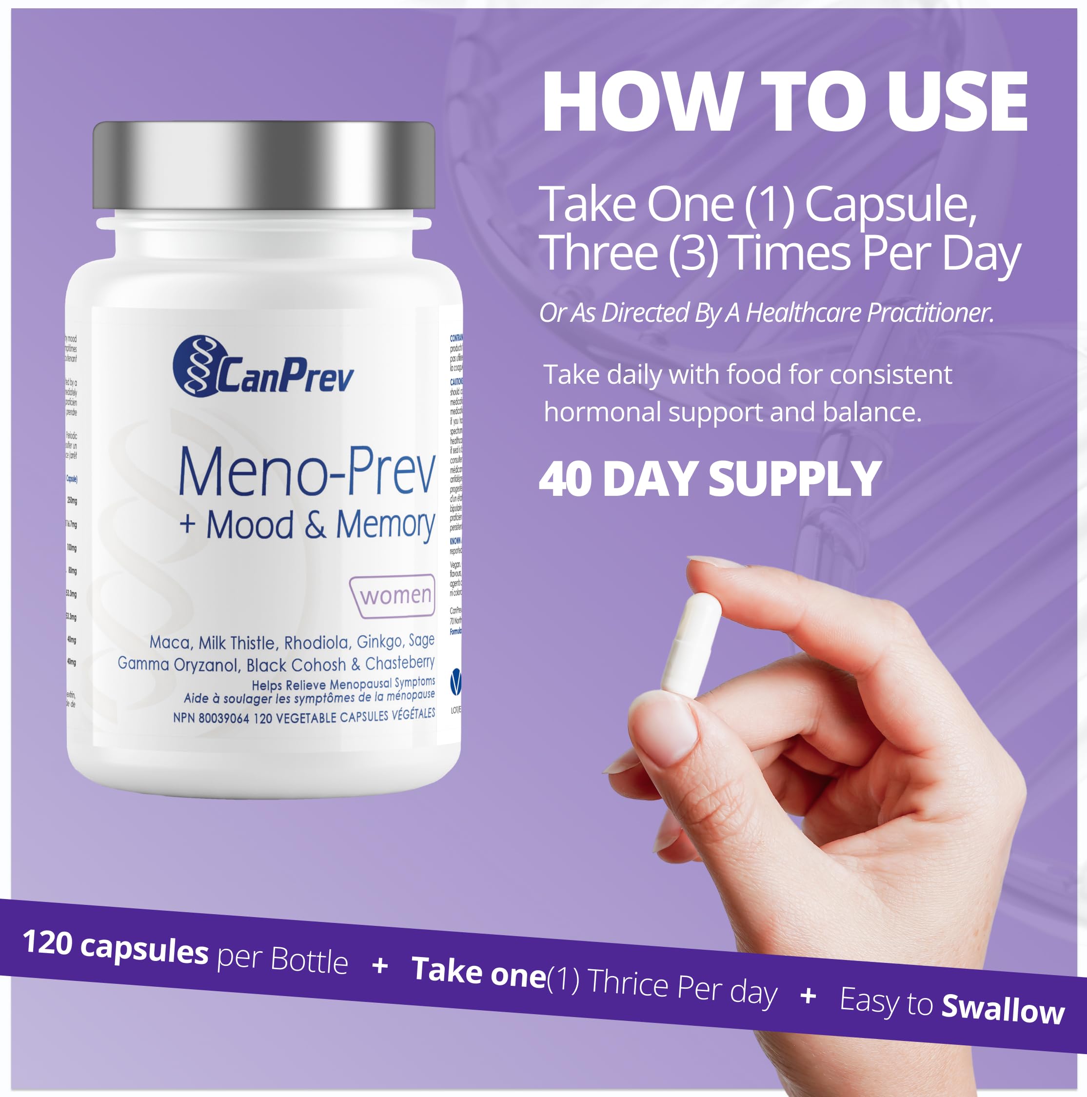 CanPrev Meno-Prev + Mood & Memory, 120 V-Caps 40-Day Supply - Menopause Support Supplement for Women - With Maca, Milk Thistle, Ginkgo, Rhodiola - Helps with Hot Flashes & Night Sweat - Memory Support