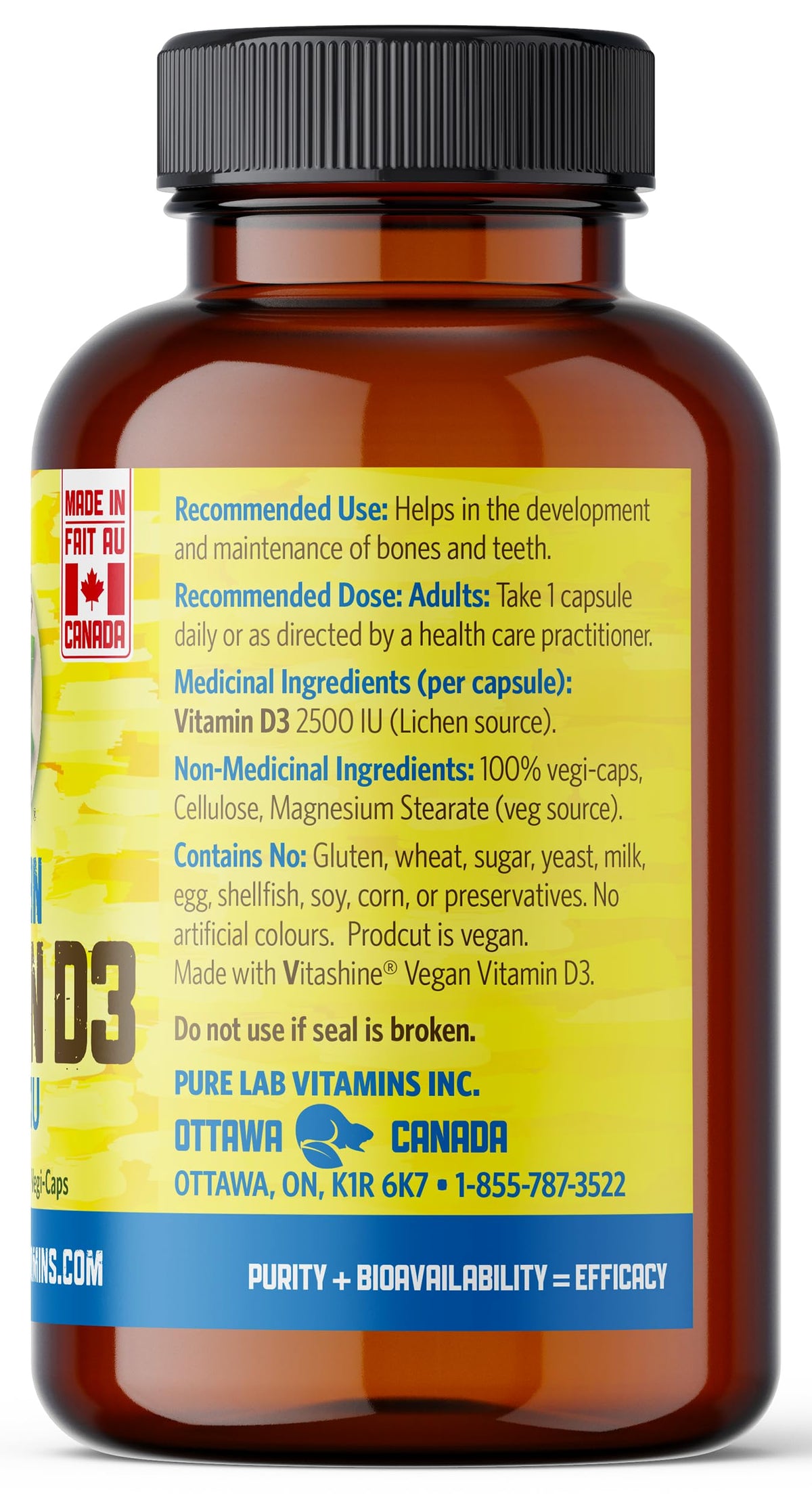 Pure Lab Vitamins | Vegan Vitamin D3 2500IU | 120 Capsules | Bone Health, Teeth Health & Immune System Support | Vitamin D3 Cholecalciferol | Vitamin D3 Capsules | Vitamin D3 Supplement