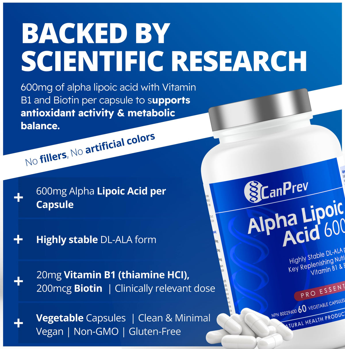 CanPrev Alpha Lipoic Acid 600mg Capsules, Vitamin B1 & Biotin, 60 Capsules