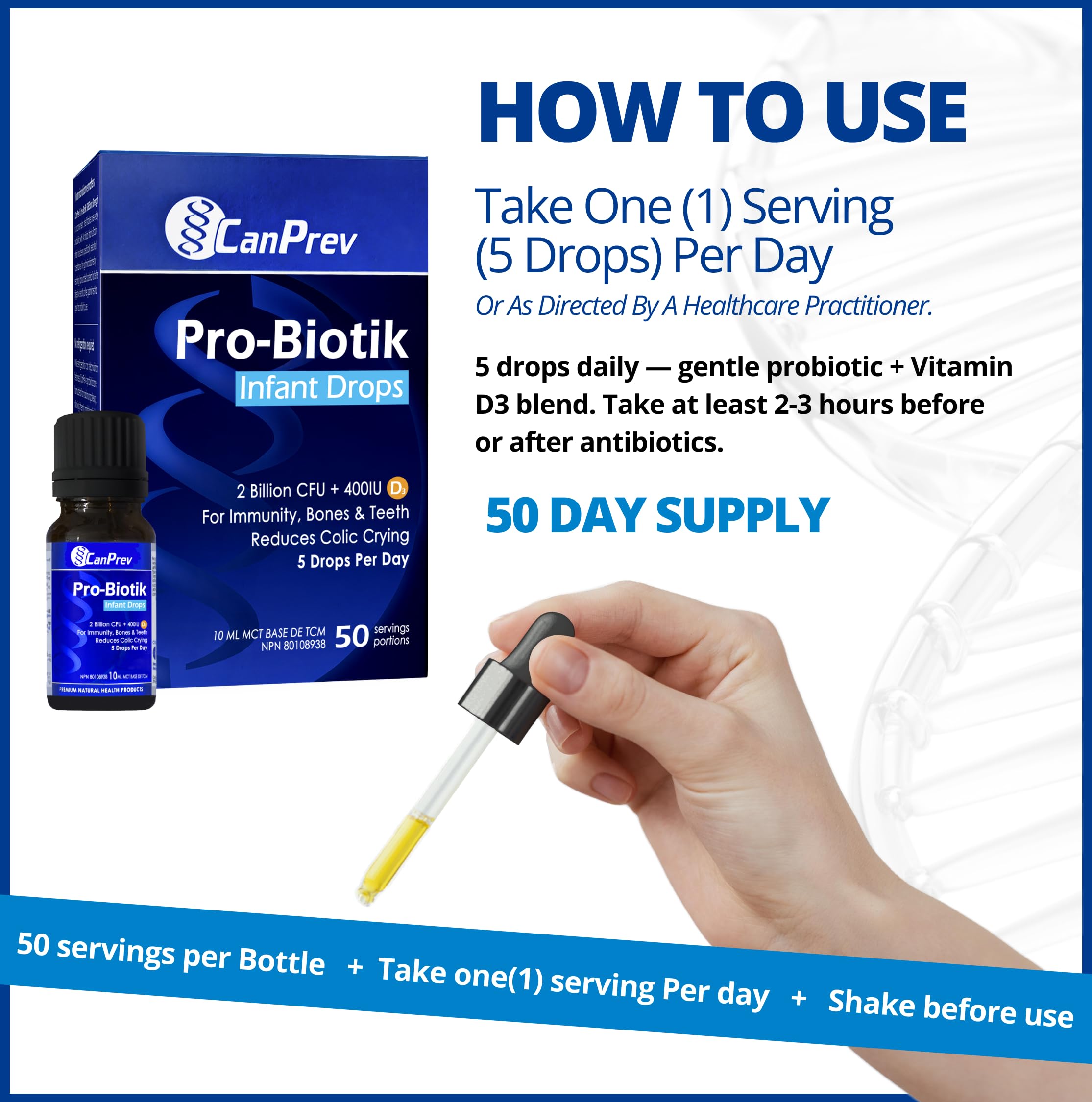 CanPrev Pro-Biotik Infant Drops 50-Day Supply - 2 Billion CFU with 400IU Vitamin D3, Probiotic Supplement for Babies & Kids to Support Digestive Wellness, Bone Strength, Healthy Teeth & Immune Health