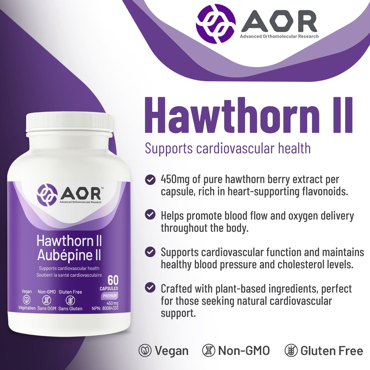 AOR Hawthorn II, Hawthorn Extract Capsules, 450 mg, For Adults, 60 Capsules