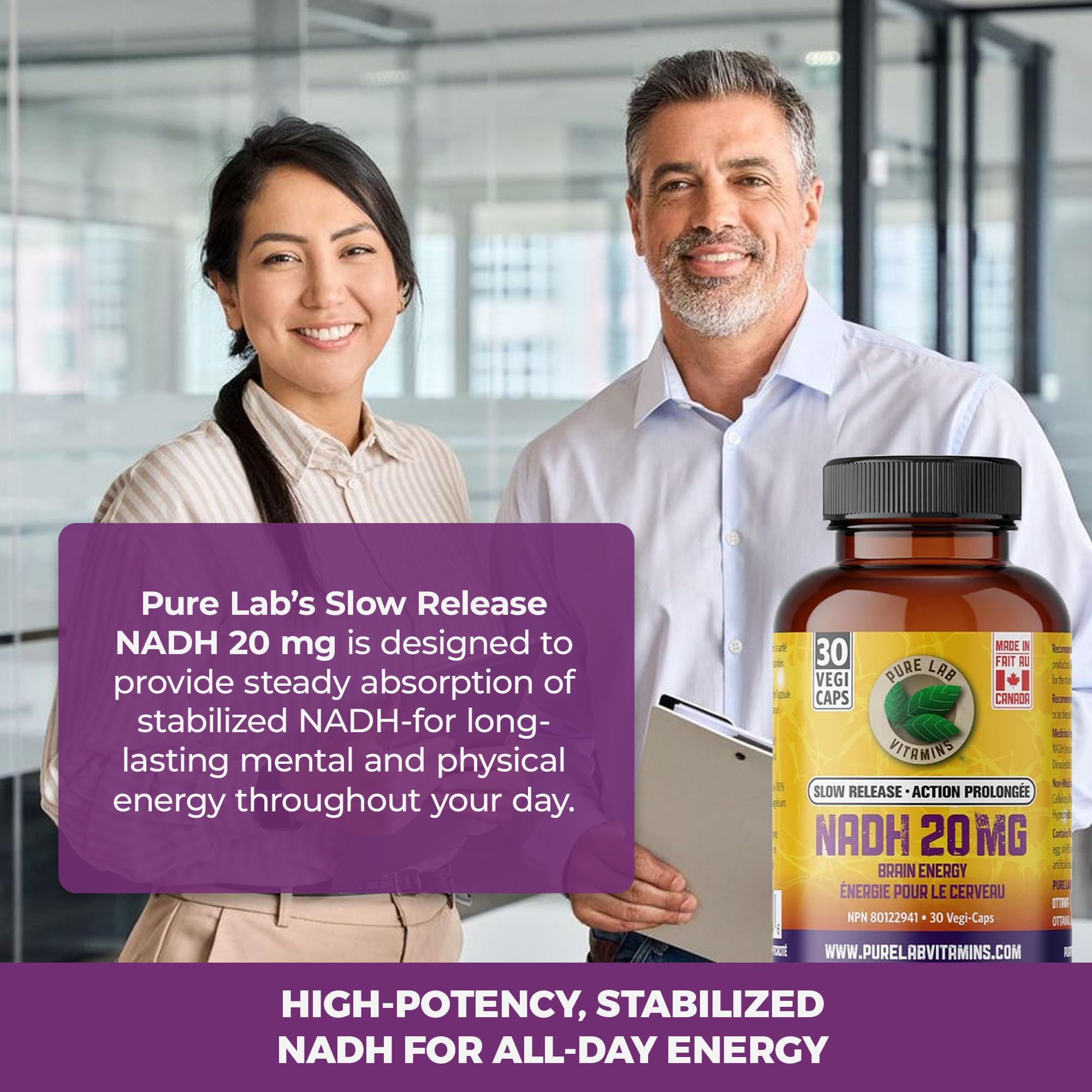 Pure Lab Vitamins - Nicotinamide Adénine Dinucléotide (NAD) + Hydrogène (H) Supplément - 20 MG