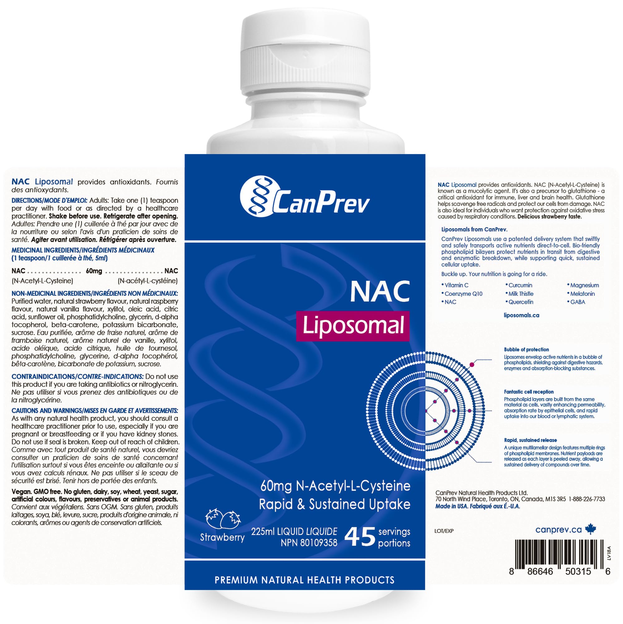CanPrev - Liposomal NAC Supplement N-Acetyl Cysteine, Strawberry Flavor 225ml Liquid 45-Servings - Brain, Liver and Respiratory Health, Clear Mucus from Lung & Antioxidant Support - Vegan & Non-GMO