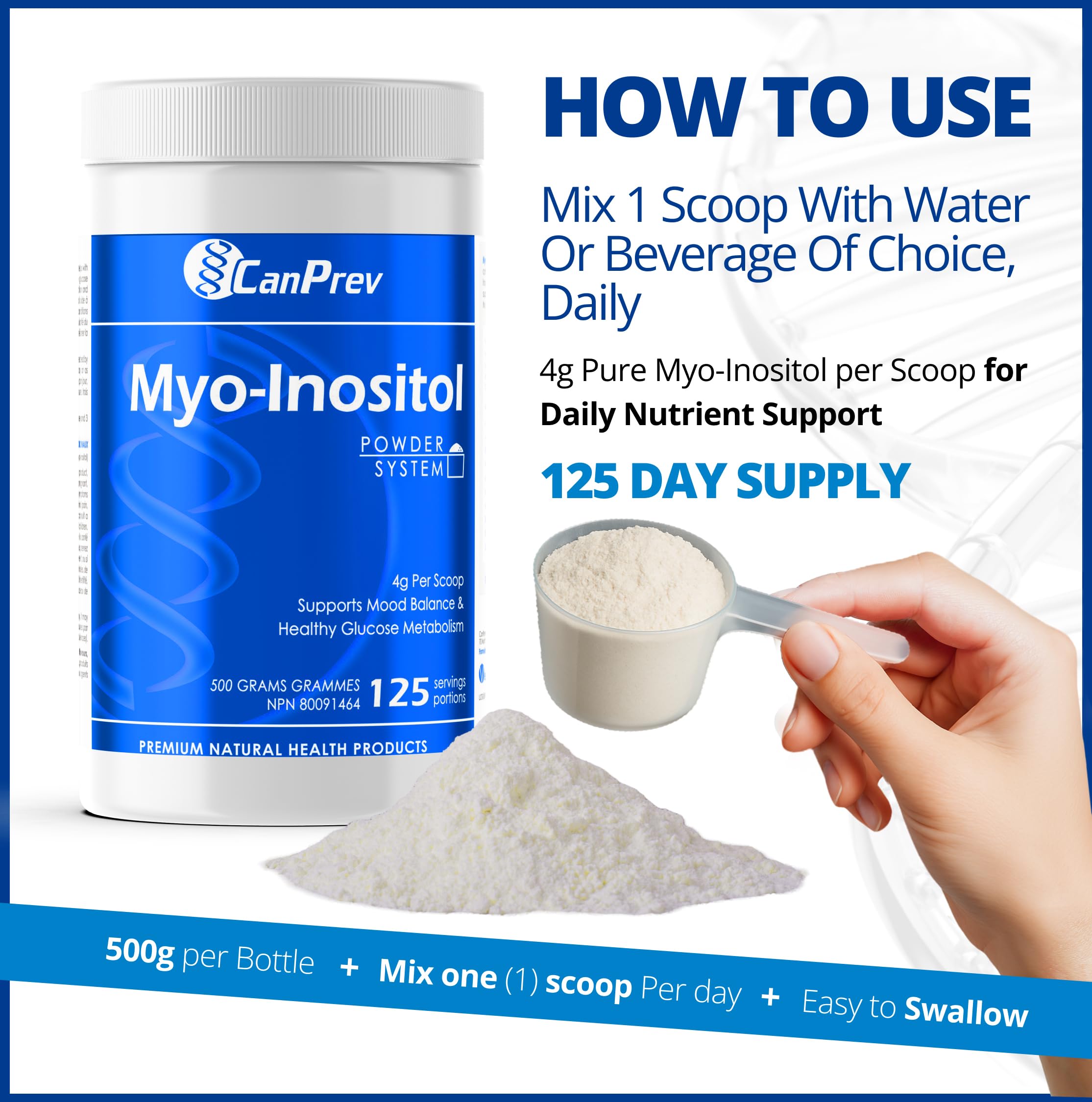 CanPrev Myo-Inositol Poudre 500g, 125 portions, Supplément SOPK pour femmes, Soutient le métabolisme du glucose, la fonction ovulatoire, la santé et le bien-être cellulaire