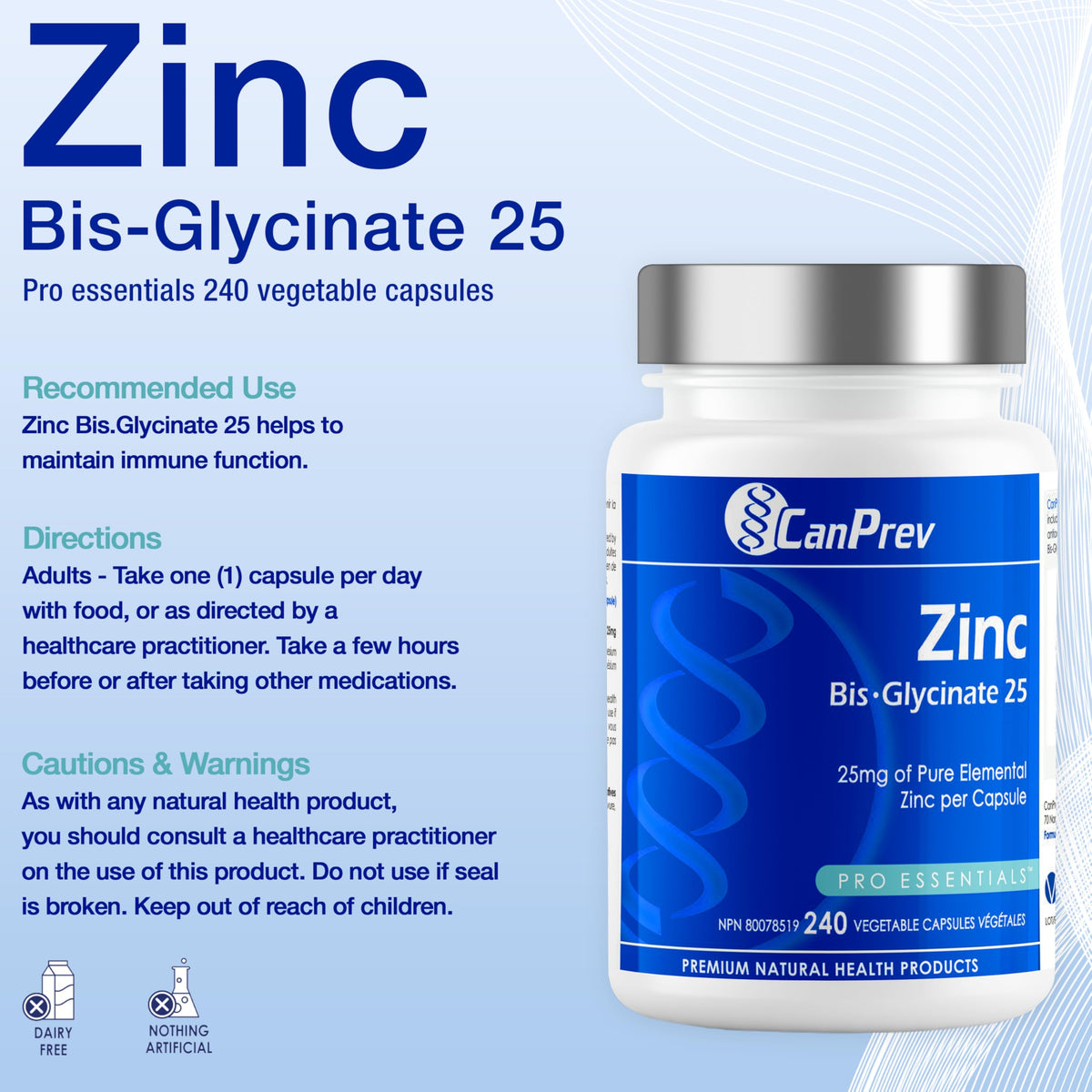 CanPrev Zinc Supplement, Bisglycinate, 25 mg, 240 Capsules, 240 Day Supply