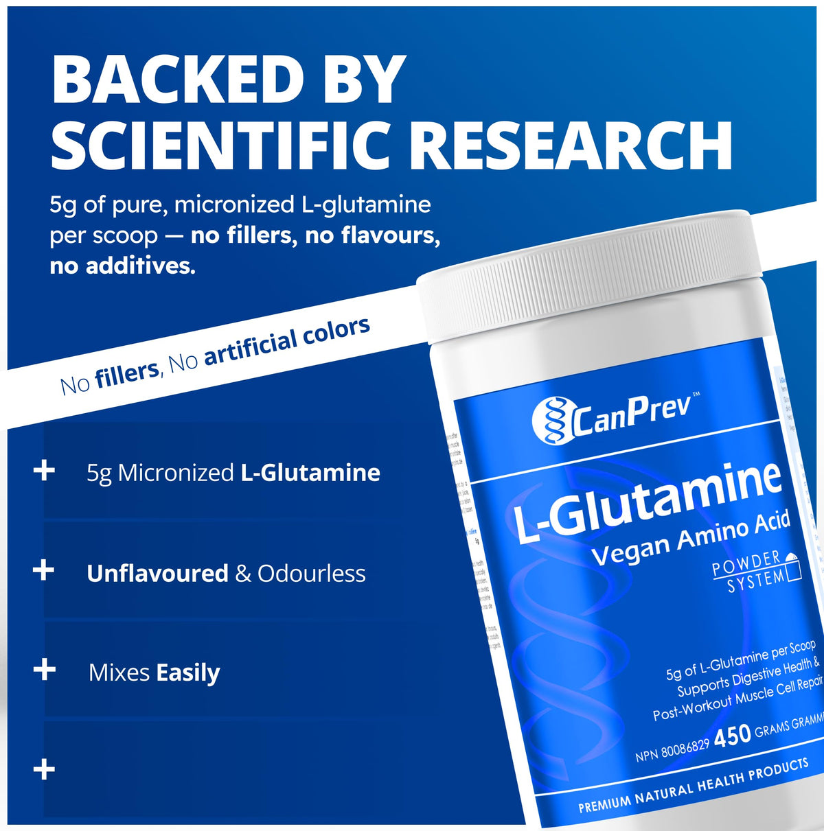 CanPrev L-Glutamine Powder, 5g per Scoop, Unflavoured, 450g, 90 Servings