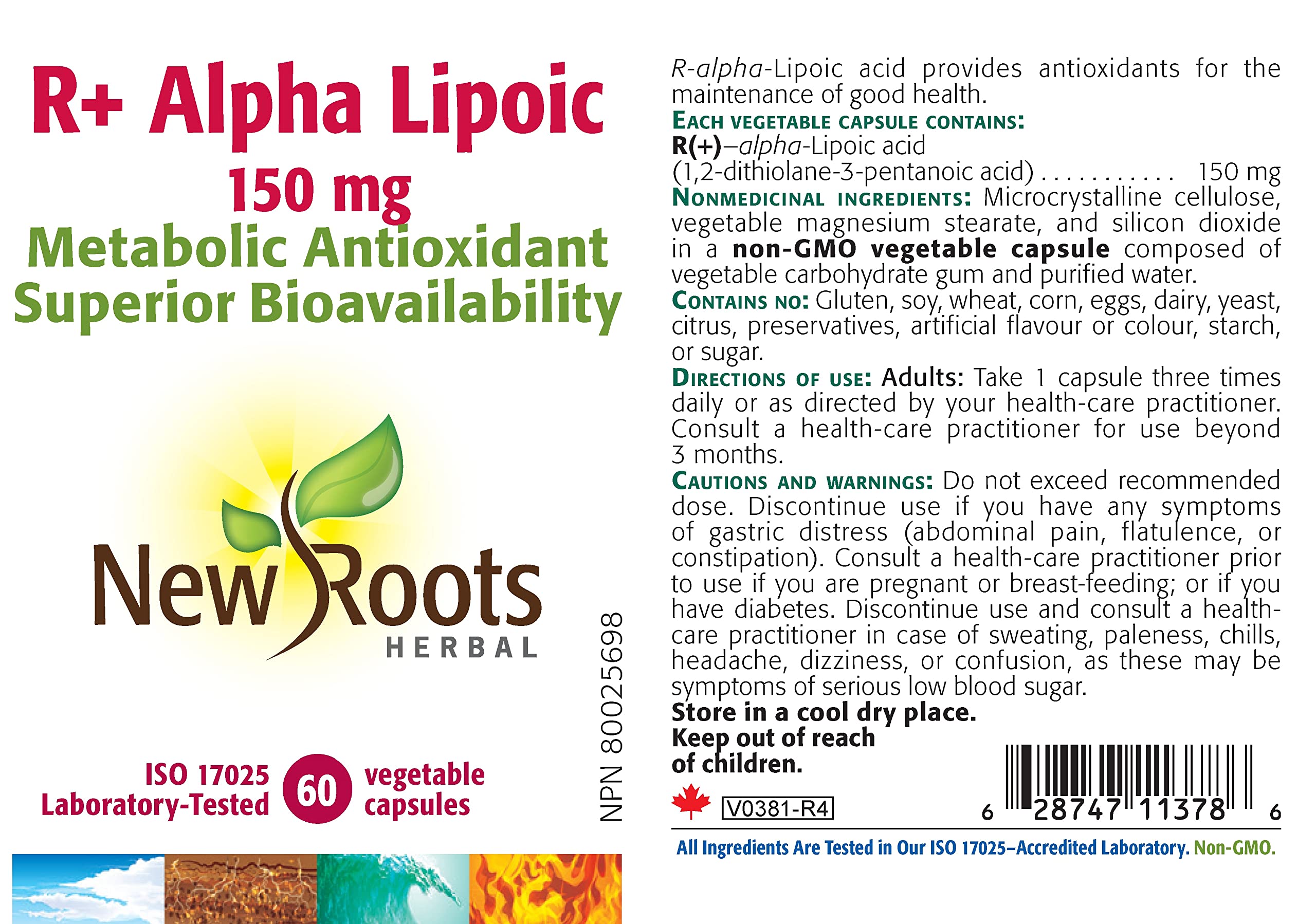 New Roots Herbal Acide Alpha-Lipoïque R+ 150 mg, 60 capsules végétales, Forme R-ALA pure, Soutien antioxydant pour le confort nerveux, l'équilibre du glucose et l'énergie cellulaire, À réfrigérer, Sans OGM, Fabriqué au Canada