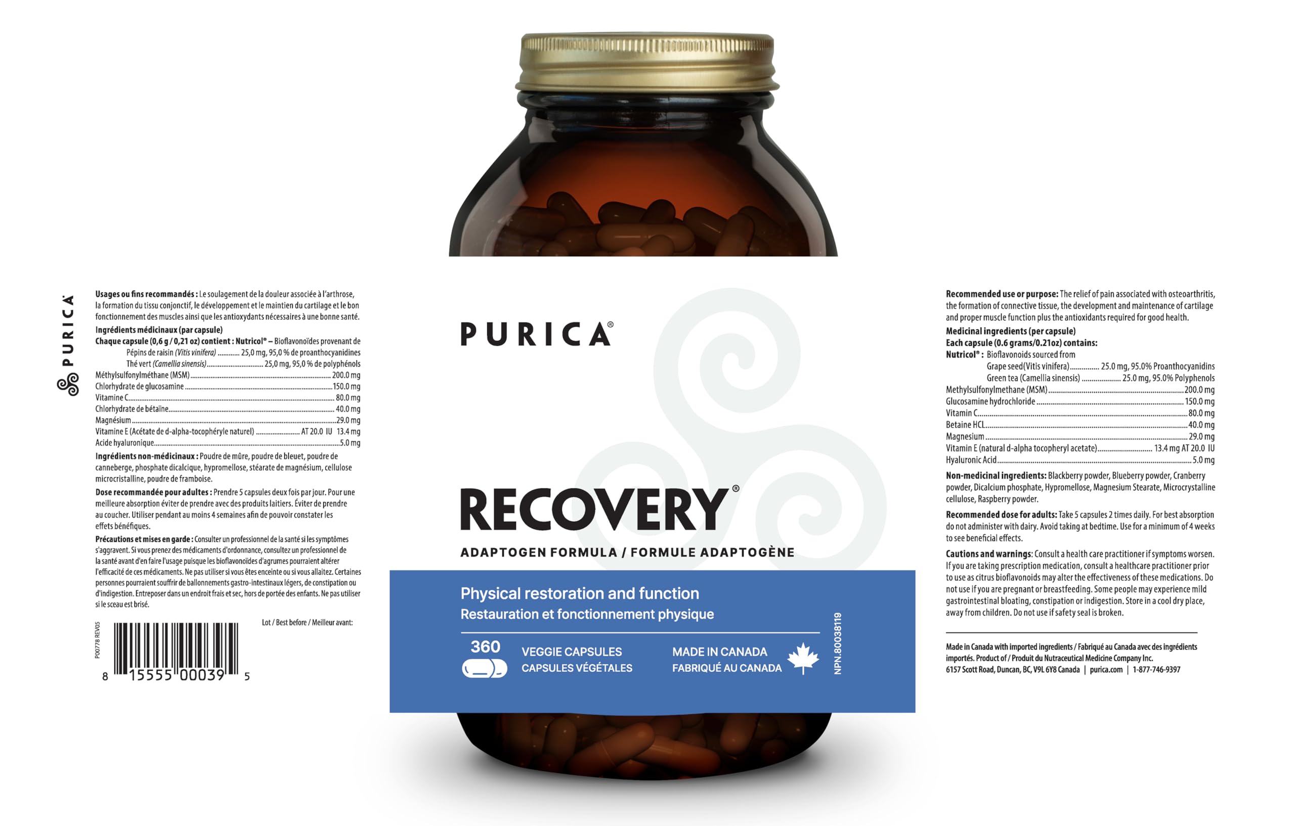 PURICA - Capsules de récupération pour la santé et le soulagement de la douleur - 180 capsules
