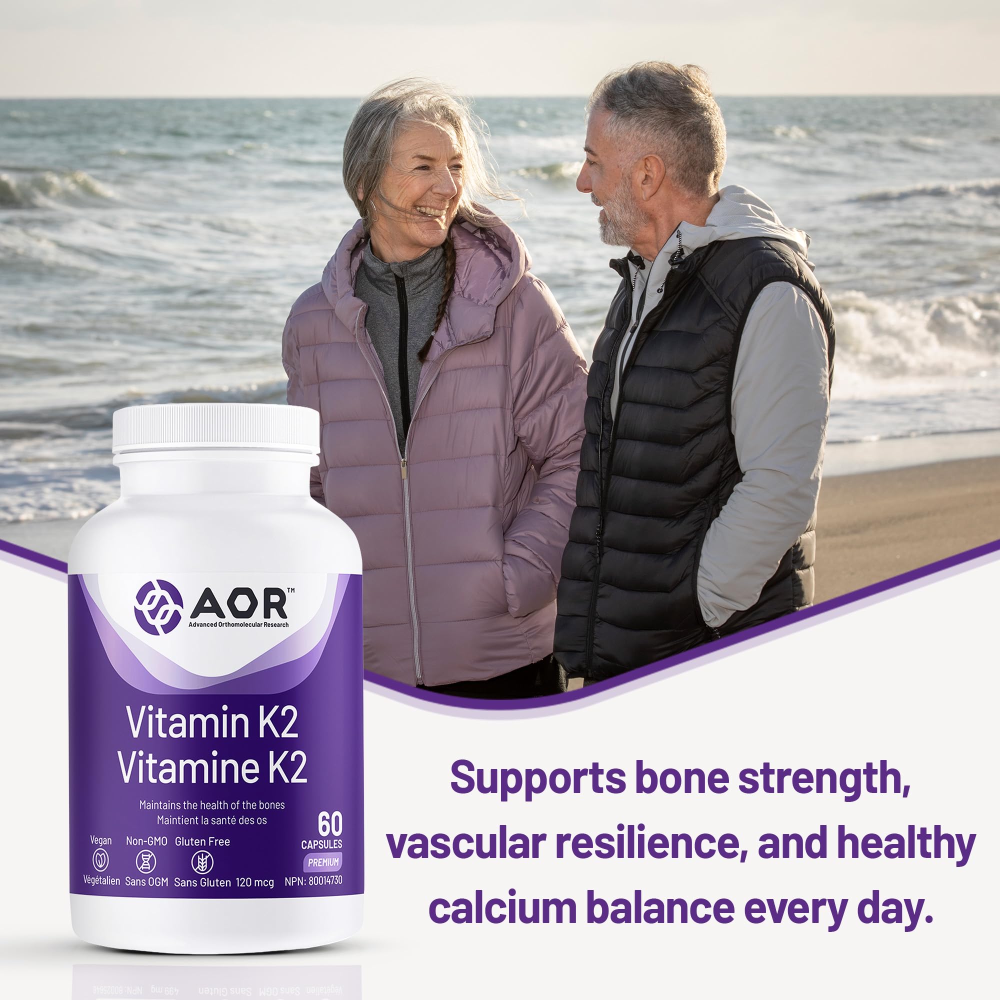 AOR Vitamin K2 Supplement 120mcg, Vegan 60 Caps 60-Day Supply - Supports Bone, Liver & Heart Wellness, Promotes Efficient Calcium Use, Helps Maintain Healthy Blood Clotting, Balanced MK-4 & MK-7 Ratio