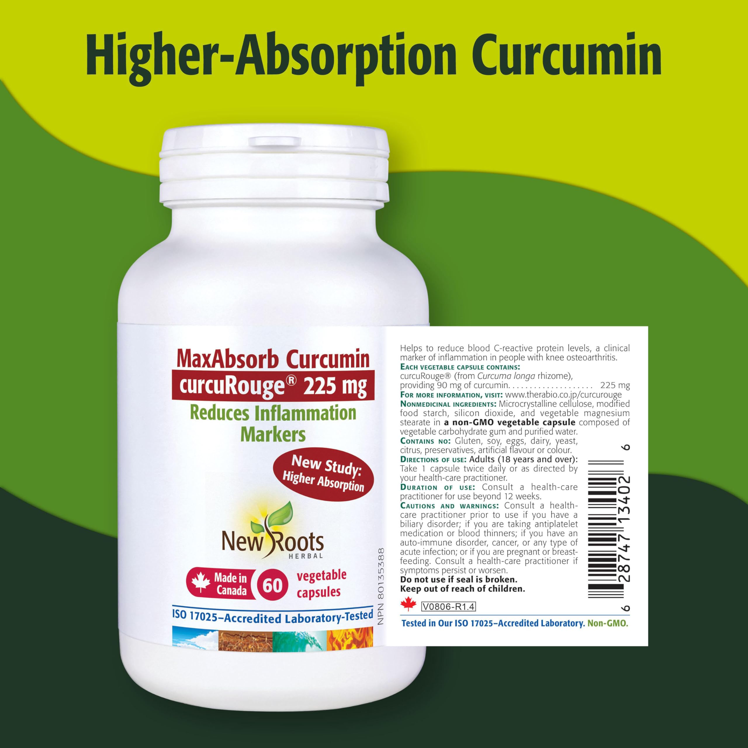 New Roots Herbal MaxAbsorb Curcumin, 60 Veg Caps, 30-Day Supply - Includes curcuRouge 225mg for Enhanced Absorption, Supports Joint Flexibility, Mobility & Daily Comfort for Active Lifestyles, Non-GMO
