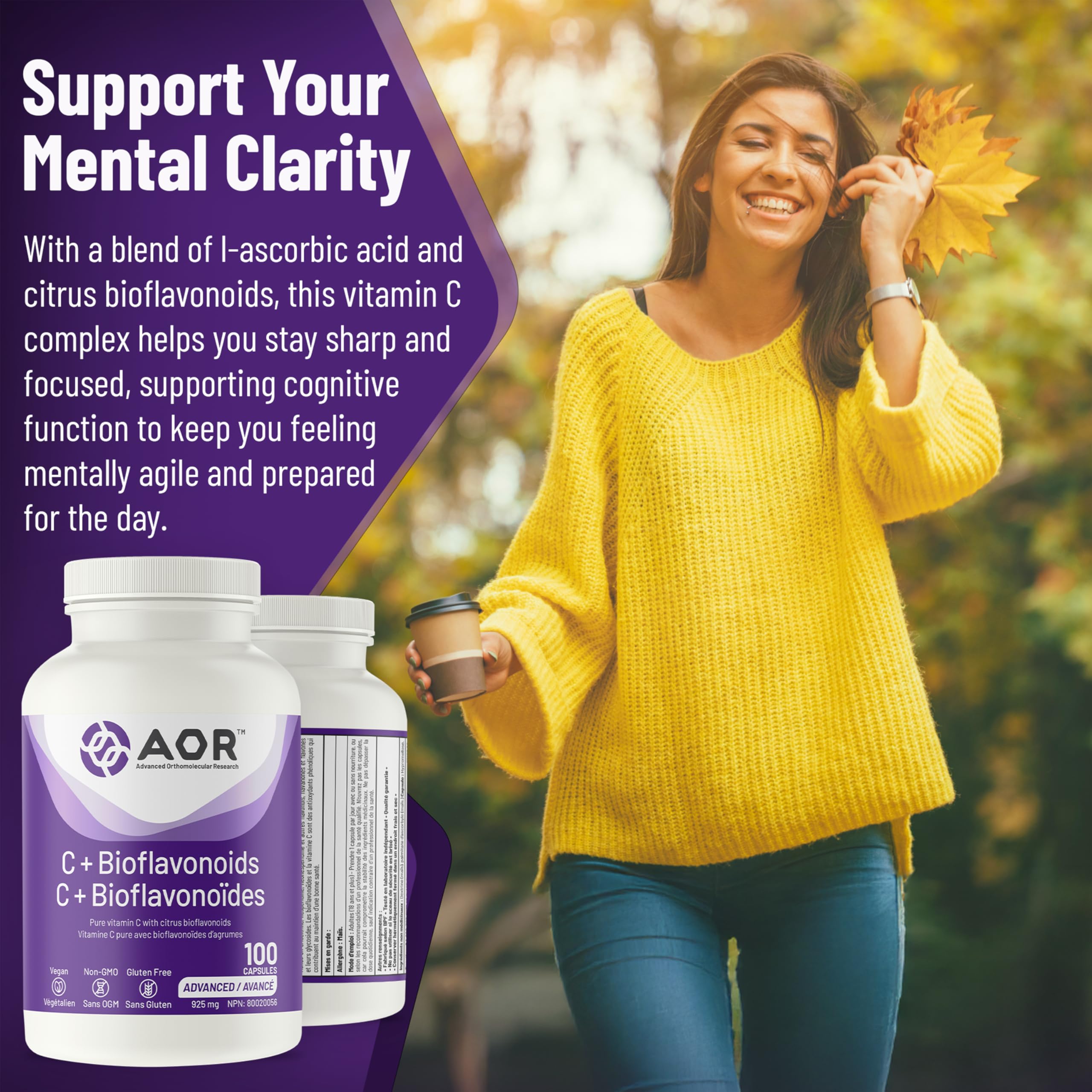 AOR - C+ Bioflavonoïdes 925 mg, 100 capsules - Supplément de vitamine C acide ascorbique avec bioflavonoïdes d'agrumes - Soutien cérébral, santé cardiaque, soutien immunitaire, santé vasculaire et cicatrisation des plaies
