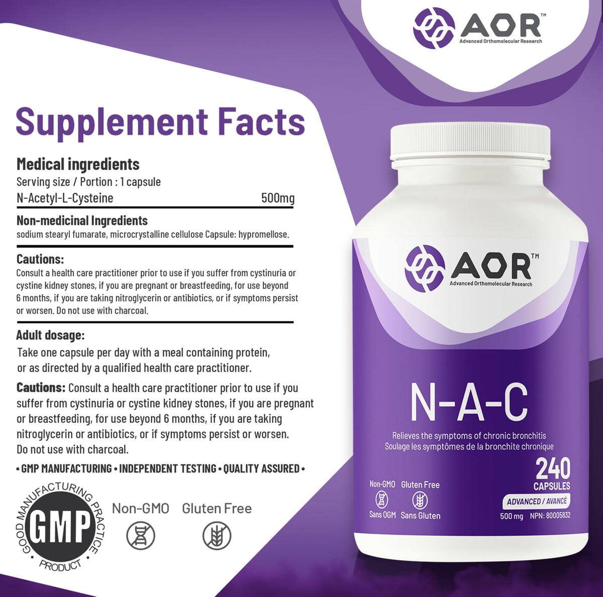 AOR NAC Supplement 500mg Capsules, 1 per Day, 240 Capsules, 8 Month Supply