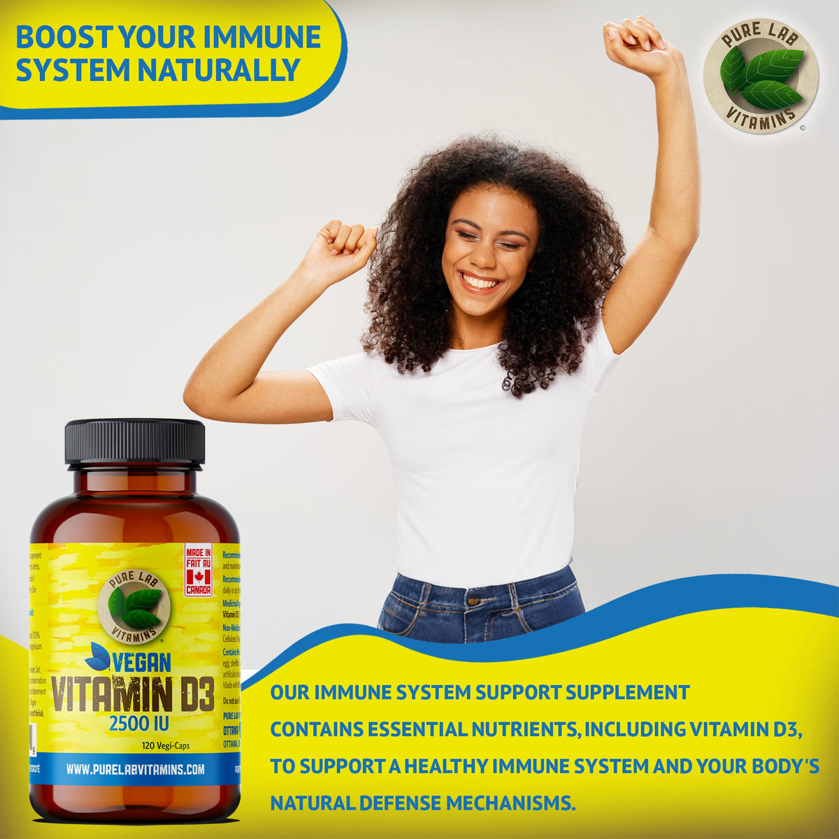 Pure Lab Vitamins | Vegan Vitamin D3 2500IU | 120 Capsules | Bone Health, Teeth Health & Immune System Support | Vitamin D3 Cholecalciferol | Vitamin D3 Capsules | Vitamin D3 Supplement