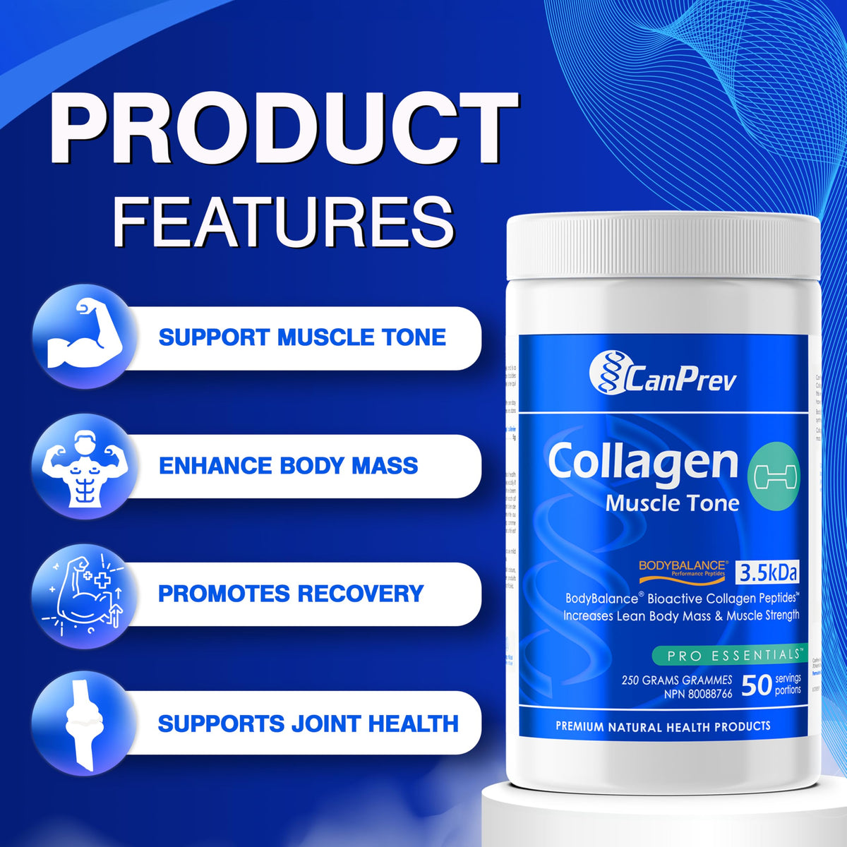 CanPrev Collagen Muscle Tone, Bovine Collagen Peptides, 250g, 50 Servings