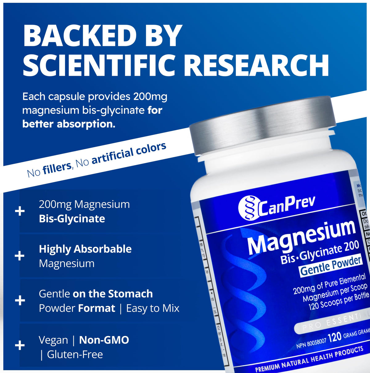 CanPrev Magnesium Bisglycinate Gentle Powder, 200mg, 120g, 120 Day Supply
