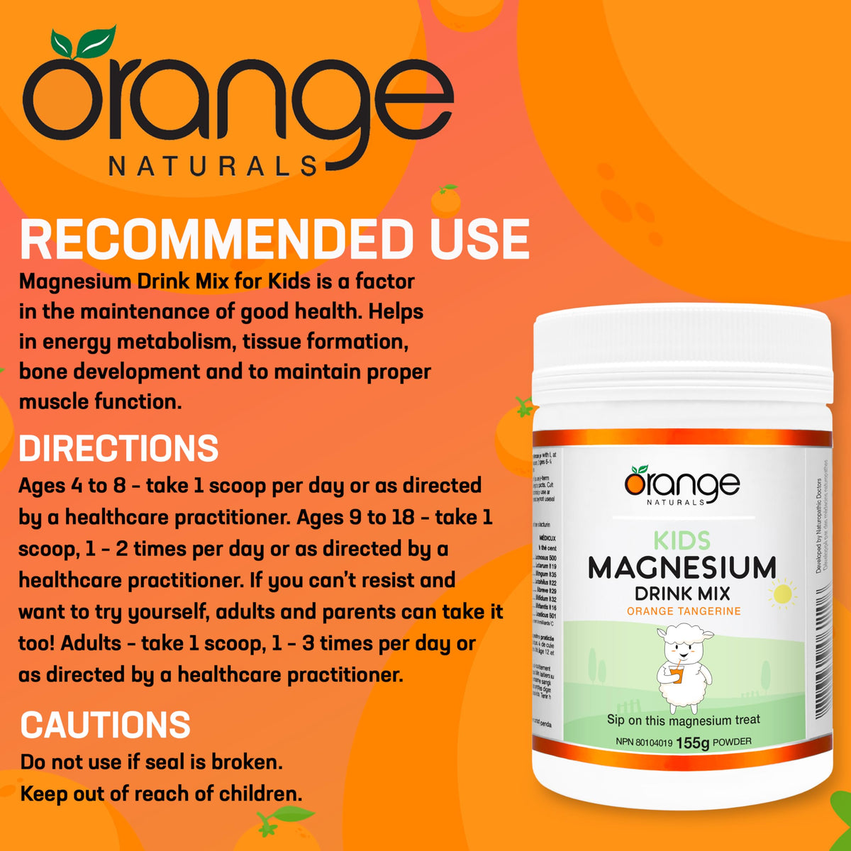 Orange Naturals - Kids Magnesium Drink Mix, Orange Tangerine Flavour, 155g Powder - Kids Magnesium Glycinate - Magnesium Drink Powder - Magnesium Supplement for Kids - Magnesium Powder Drink