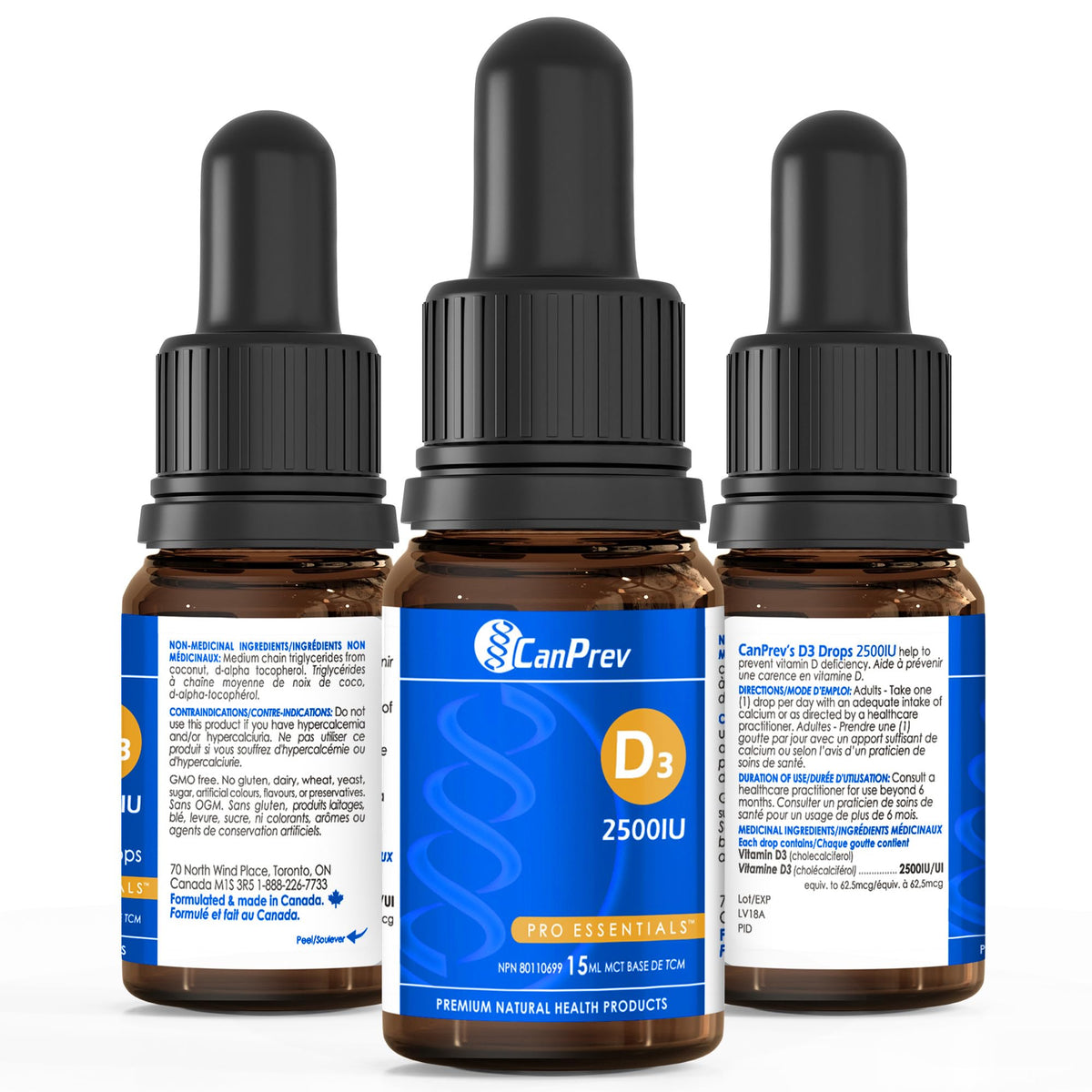 CanPrev Vitamin D3 Drops, MCT Base, 2,500 IU, One Drop, 15 ml, 450 Servings