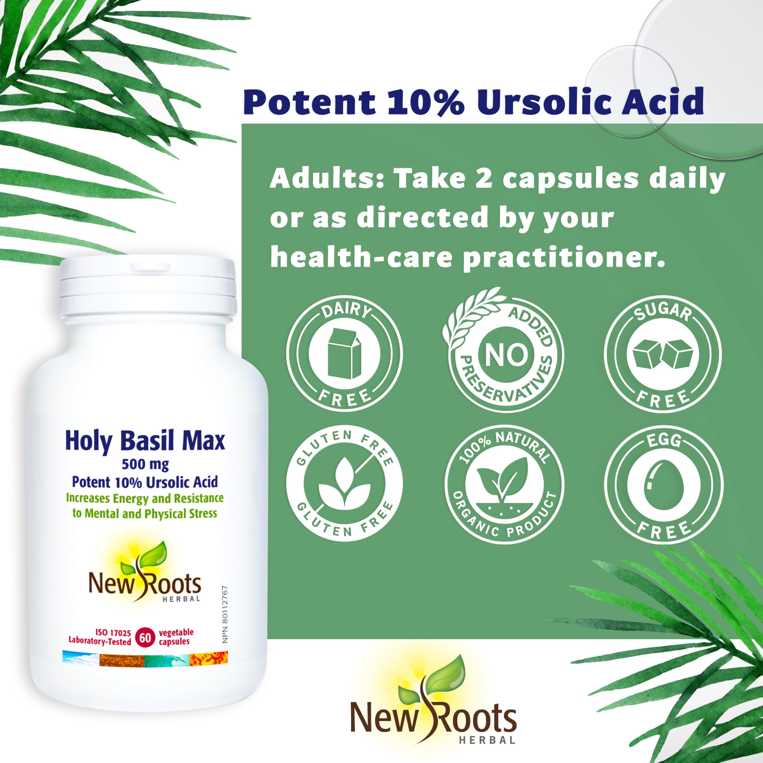 New Roots Herbal - Holy Basil Leaf Extract with Ursolic Acid 500mg 60 Caps 30-Day Supply - Healthy Supplement for Joint Support and Cholesterol Management - Organic Tulsi Capsules for Overall Wellness