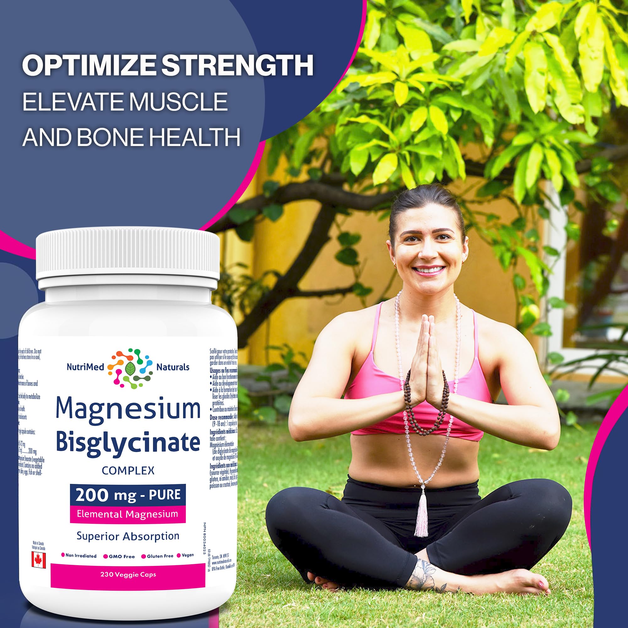 Nutrimed Naturals - Magnesium Bisglycinate Complex 200mg, 230 Capsules 230-Day Supply - Maintain Proper Muscle Function & Bone Health, Sleep Support - 3rd Party Tested - Formulated & Made in Canada