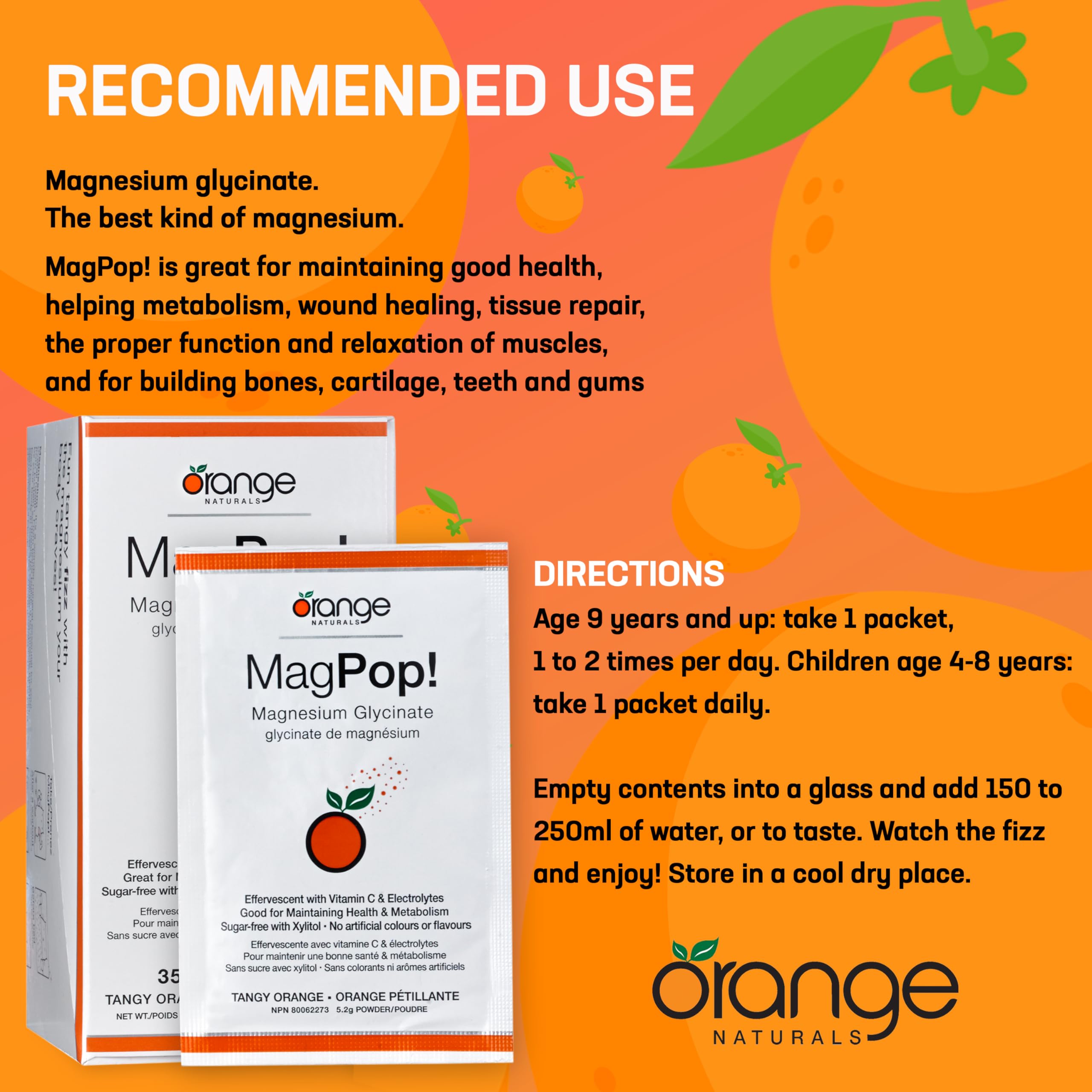 Orange Naturals - MagPop! Poudre effervescente de glycinate de magnésium avec vitamine C, 35 sachets, pour 35 jours - Équilibre électrolytique, favorise le sommeil, la relaxation et la fonction musculaire, la santé des os et des dents