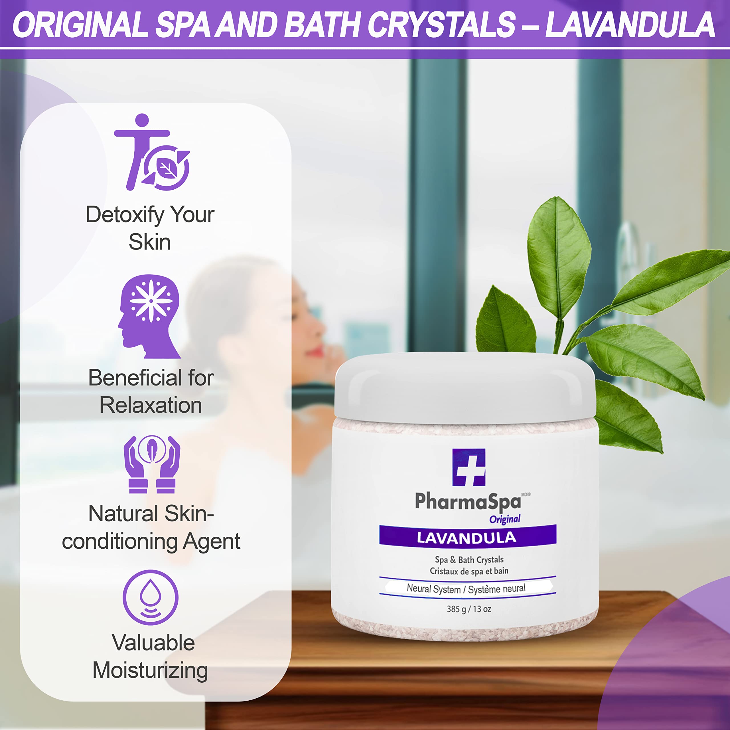 Pharmaspa Original : Cristaux de spa et de bain aux extraits entièrement naturels – 385 g/13 oz – Sel de bain d'Epsom pour l'aromathérapie et la relaxation dans les spas – Sans gluten, sans parabènes, sans cruauté