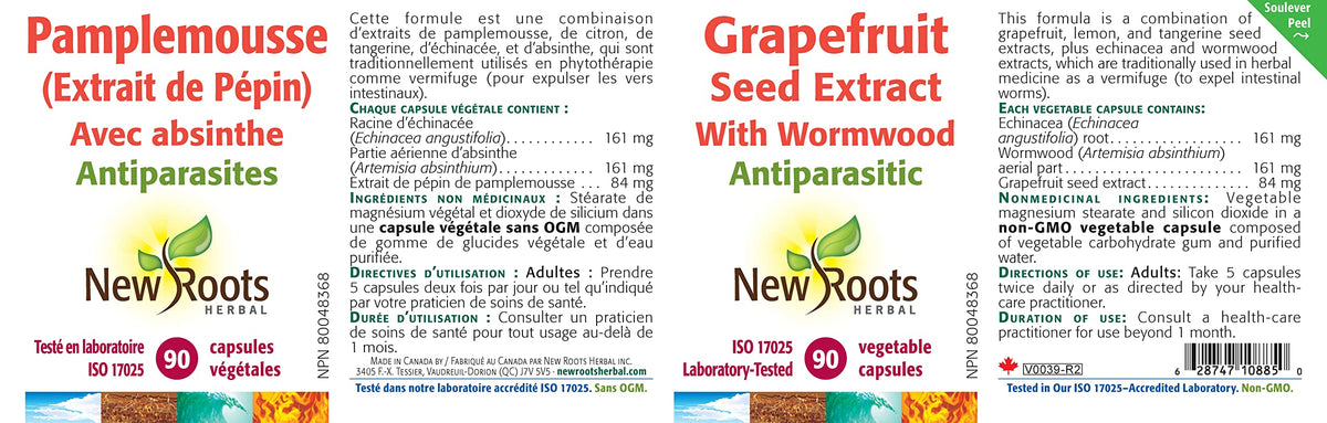 New Roots Herbal Grapefruit Seed Extract, Wormwood, Echinacea, 90 Capsules