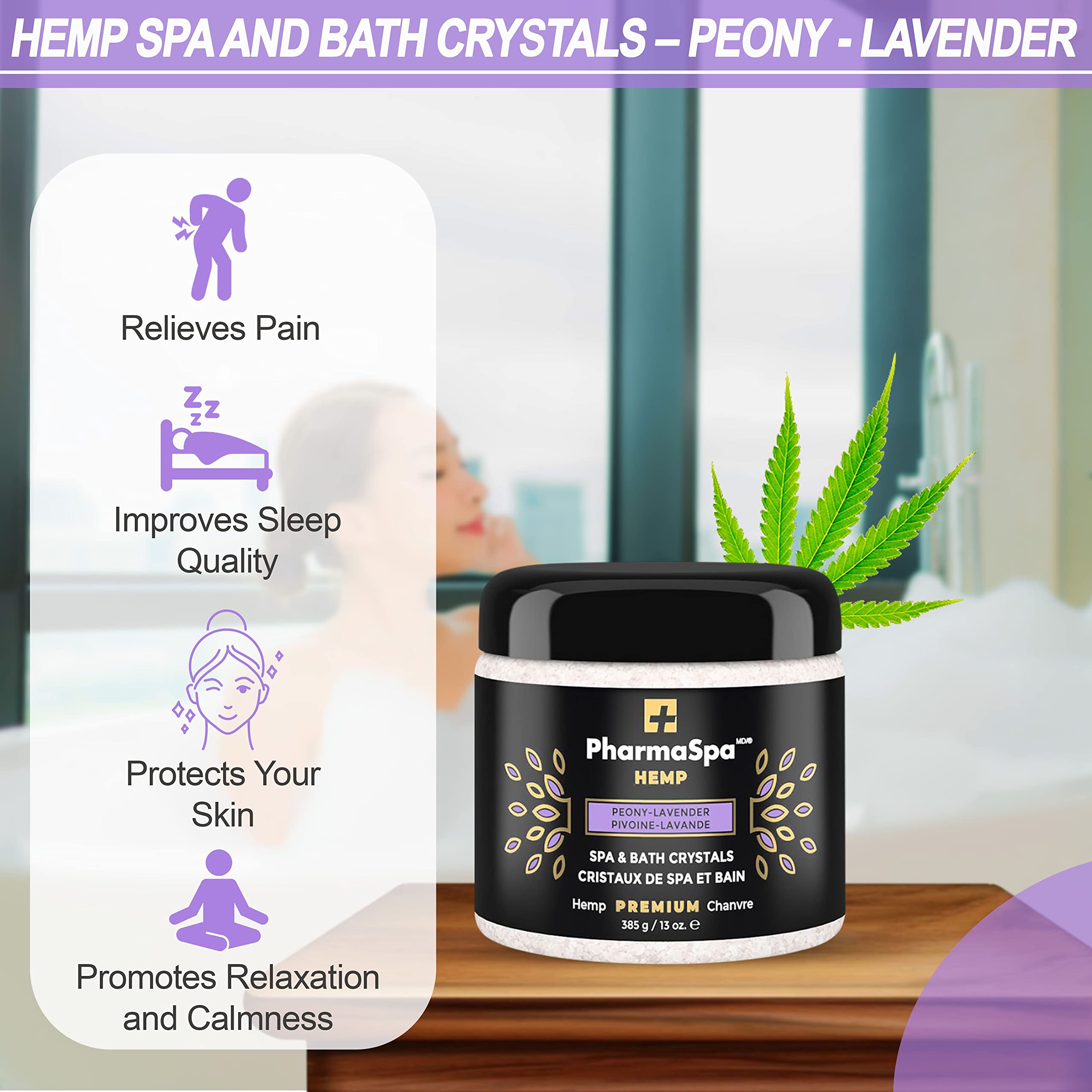 Sels de bain et cristaux de spa aux graines de chanvre et extraits entièrement naturels – 385 g/13 oz – Sel de bain Epsom pour l'aromathérapie et la relaxation dans les bains à remous – Sans gluten, sans parabènes, non testé sur les animaux