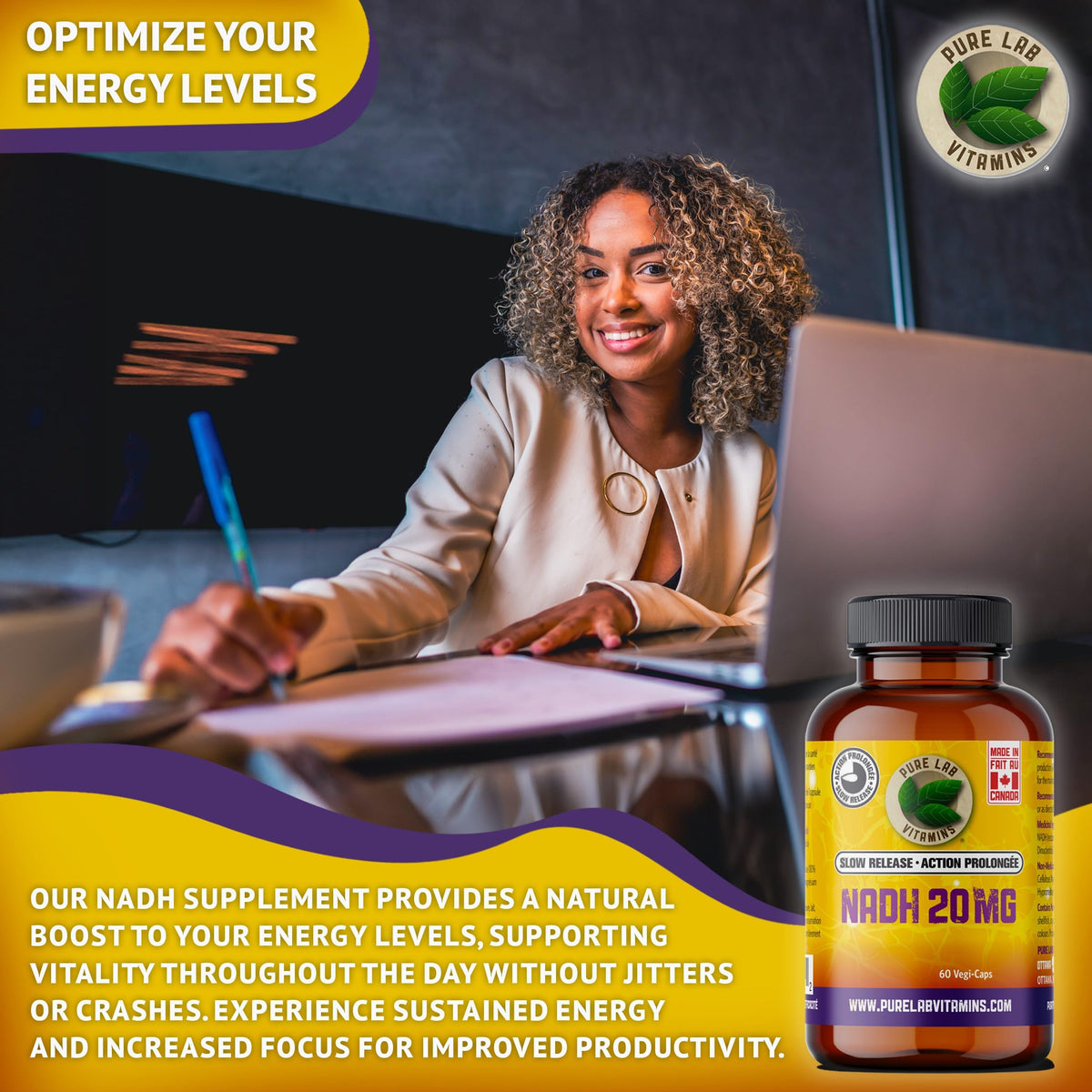 Pure Lab Vitamins - NADH Supplement, 60 Vegi Capsules - NAD Supplement Nicotinamide Adenine Dinucleotide - Immune System Support, Memory Health, Mental Health and Brain Energy - Antioxidant Supplement