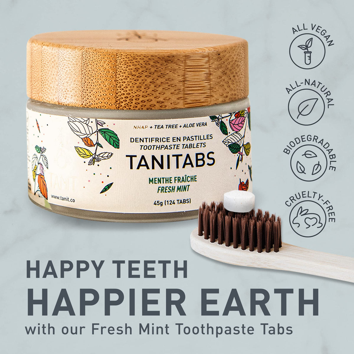 TANIT - TANITABS Fresh Mint Toothpaste Tablets - Fluoride-Free, Natural for Gum and Teeth Care, Zero-Waste, Eco-friendly, Perfect for Travel, Comes in Bamboo Jar - 124 Tabs