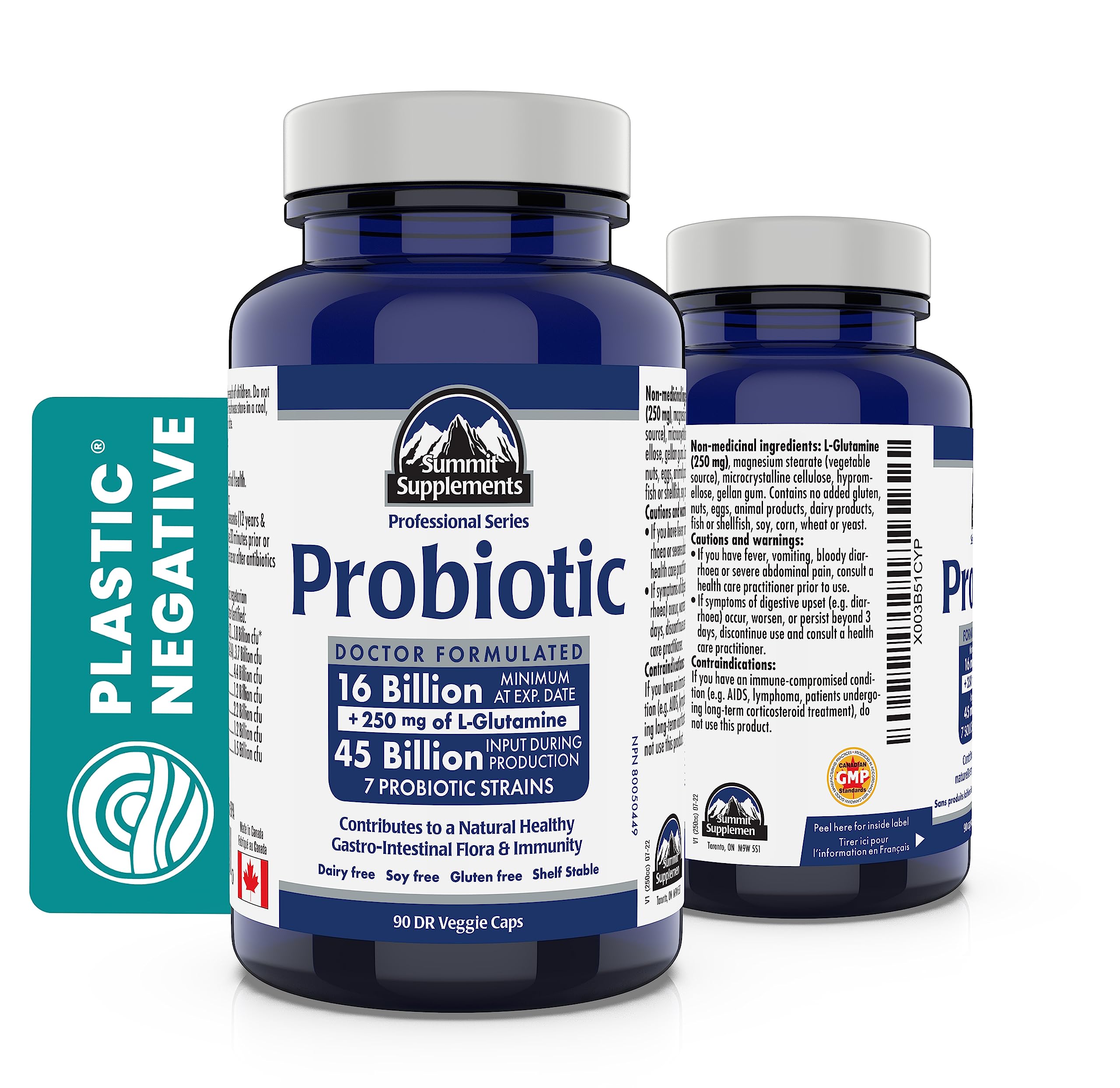 Supplément Probiotique 45 Milliards d'UFC, 90 Gélules Végétales DR avec 250 mg de L-Glutamine, Apport de 90 Jours, 7 Souches pour la Santé Intestinale et le Soulagement du SCI - Sans Produits Laitiers, Soja et Gluten, Fièrement Canadien, Plastique Négatif