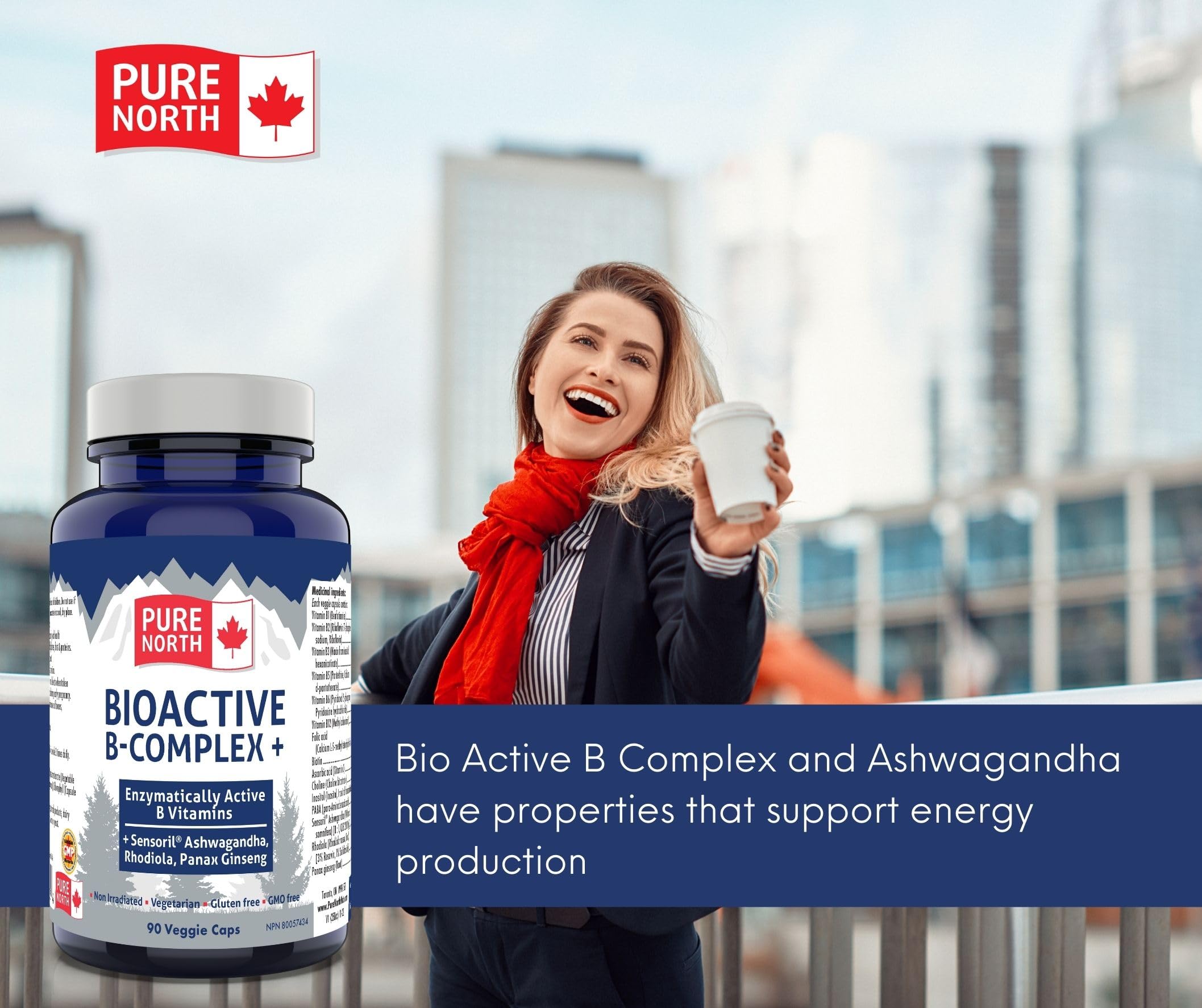 Pure North Naturals - Bioactive B-Complex Vitamin Supplement 90 Caps 30-Day Supply - Enzymatically Active Sensoril Ashwagandha, Rhodiola, Panax Ginseng - 3rd Party Tested - Formulated & Made in Canada