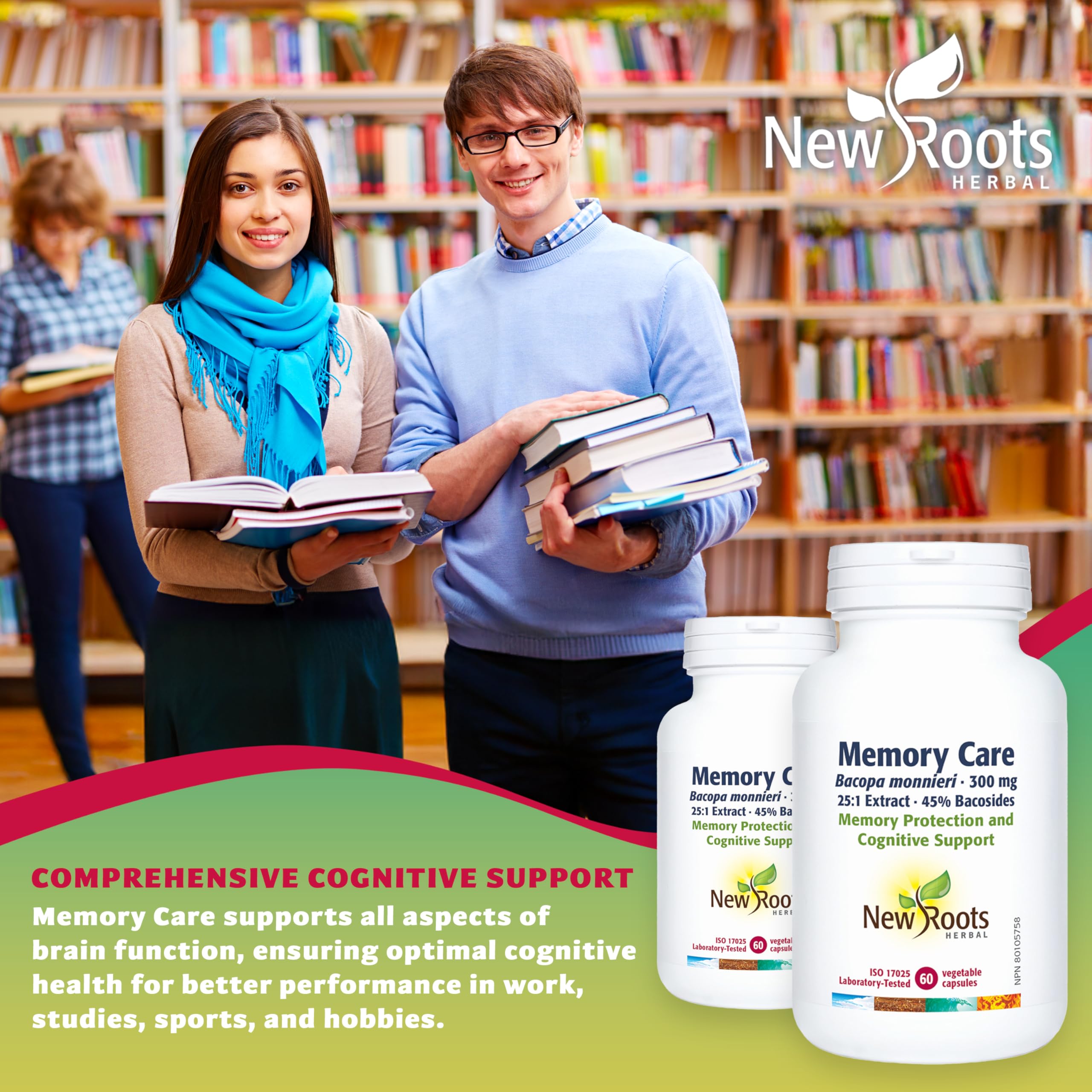 New Roots Herbal - Memory Care Bacopa Monnieri 300mg, 60 Capsules 60-Day Supply - Supplement for Cognitive Support & Memory Protection - Enhances Brain Function, Focus & Clarity - Gluten-Free Formula