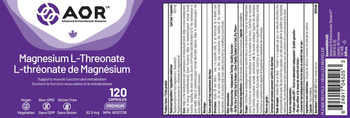 AOR Magnesium L-Threonate, 120 Vegan Capsules — 62.5 mg Elemental Magnesium per Capsule, Single-Ingredient Magnesium Supplement, Non-GMO, Gluten Free, Magnesium Stearate Free
