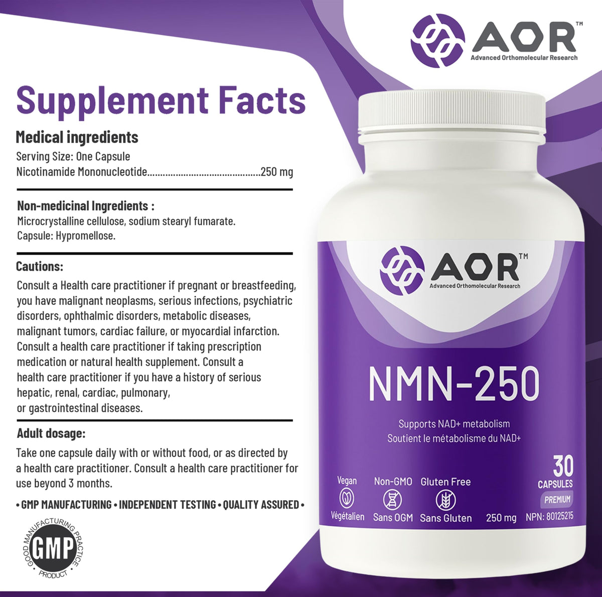 AOR NMN NAD, NMN Capsules, 250mg, Supports NAD+ Metabolism, 30 Day Supply