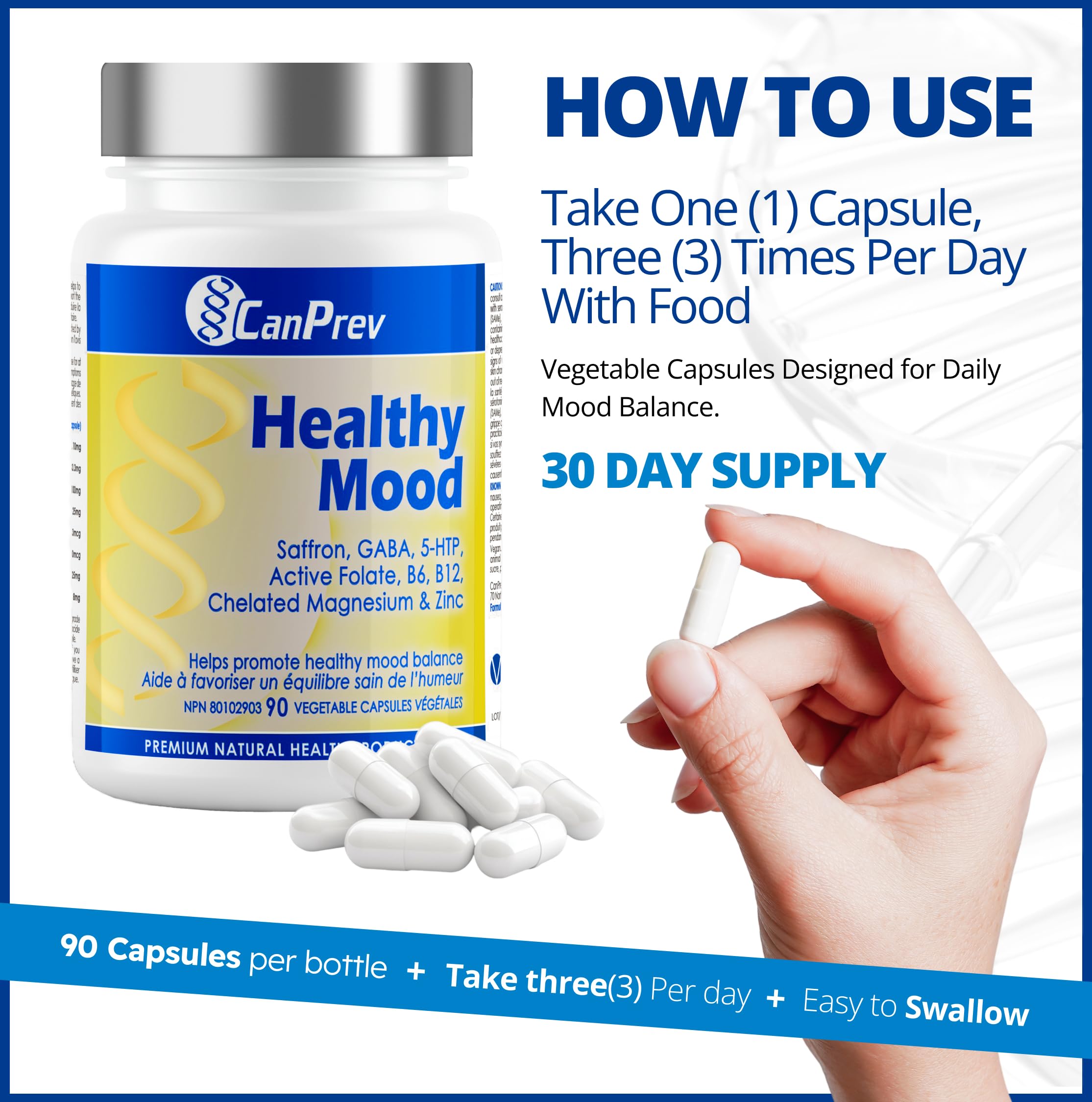 CanPrev Healthy Mood, 90 V-Caps 30-Day Supply - Saffron & 5-HTP Supplement with Vitamin B6, B12, Magnesium & Zinc Bisglycinate, Focus, Clarity, Energy Support, Restful Sleep Aid - Vegan Friendly