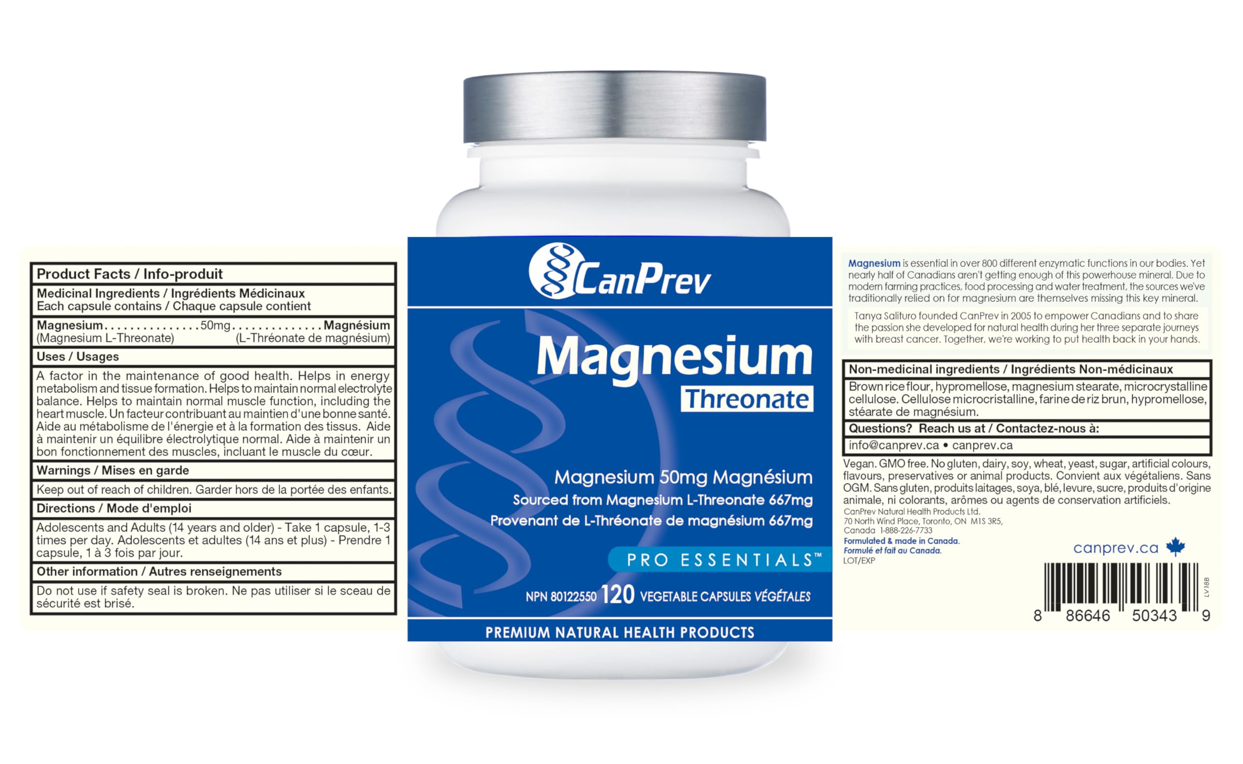 CanPrev Magnesium L-Threonate 50mg, 120 Capsules 120-Day Supply - Optimal Absorption Formula for Improve Sleep, Muscle Function, Maintain Healthy Electrolyte Balance - Vegan, Non-GMO and Gluten-Free