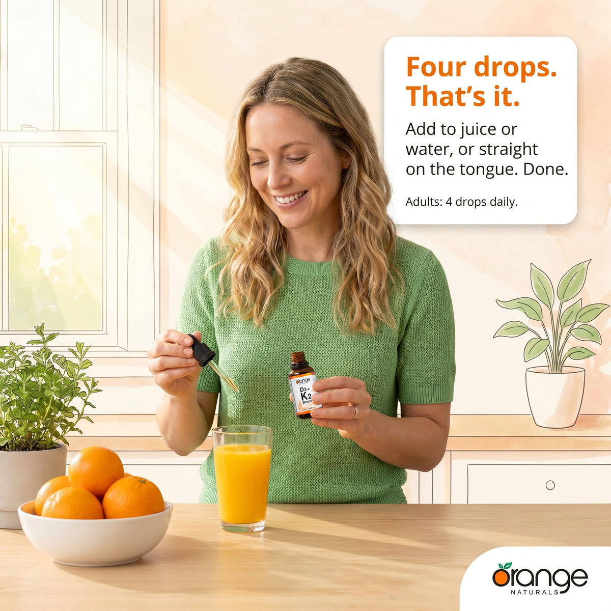 Orange Naturals Vitamin D3 K2 Drops, MCT Oil, Orange, 15 ml, 75 Day Supply