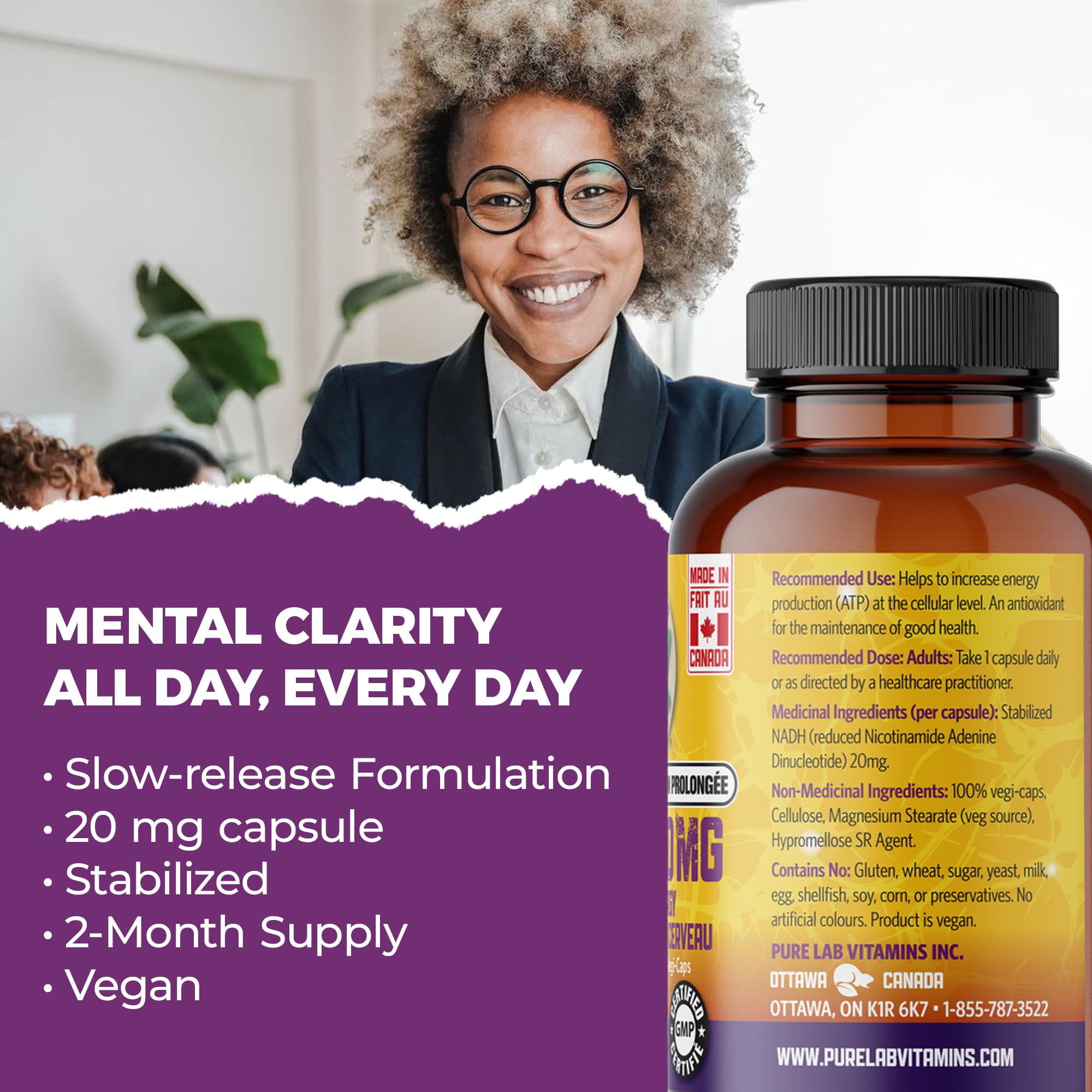 Pure Lab Vitamins - Nicotinamide Adénine Dinucléotide (NAD) + Hydrogène (H) Supplément - 20 MG