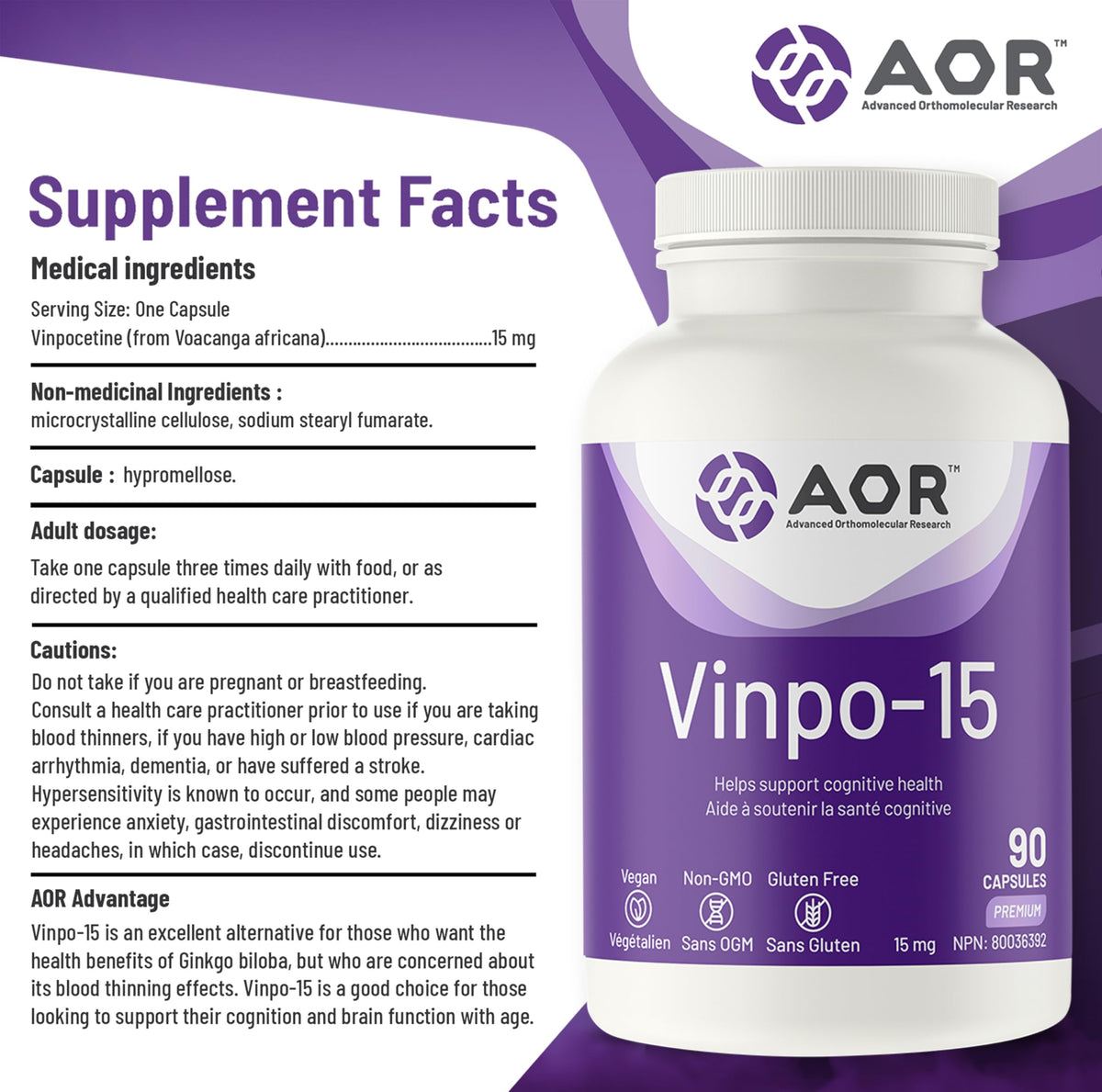 AOR Vinpo-15 Brain & Focus Supplement, Gluten Free, 15 mg, 90 Capsules