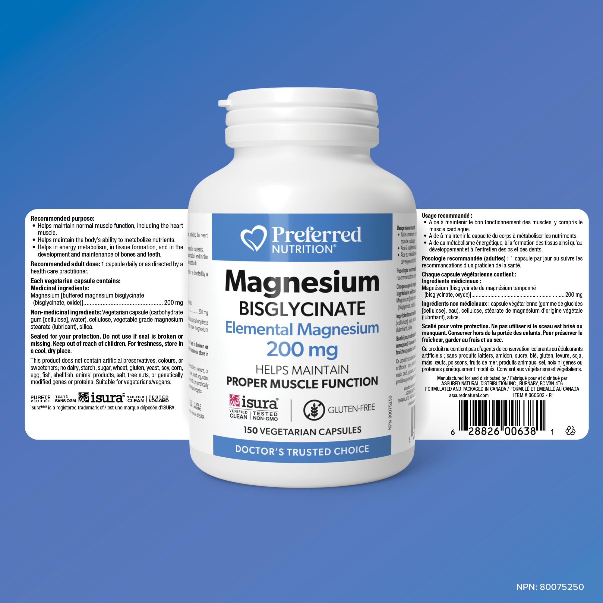 Preferred Nutrition Magnesium Bisglycinate 200 mg, Veg Caps, Elemental Magnesium, Maintains Proper Muscle Function, Proudly Canadian