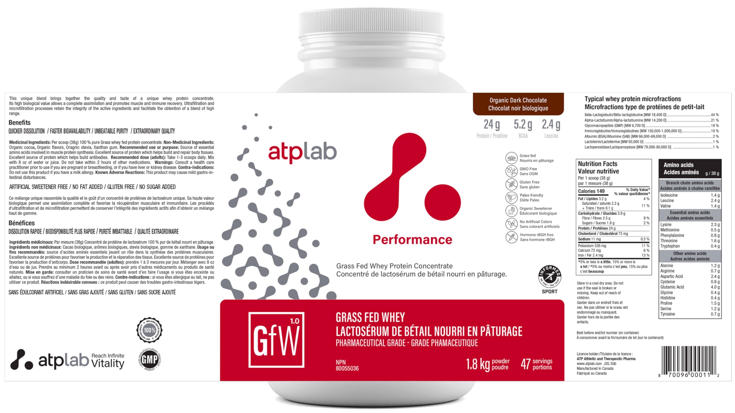 ATP LAB - Protéine de lactosérum de vaches nourries à l'herbe en poudre 1,8 kg (saveur chocolat) - Concentré de protéines de lactosérum - Récupération immunitaire, croissance musculaire