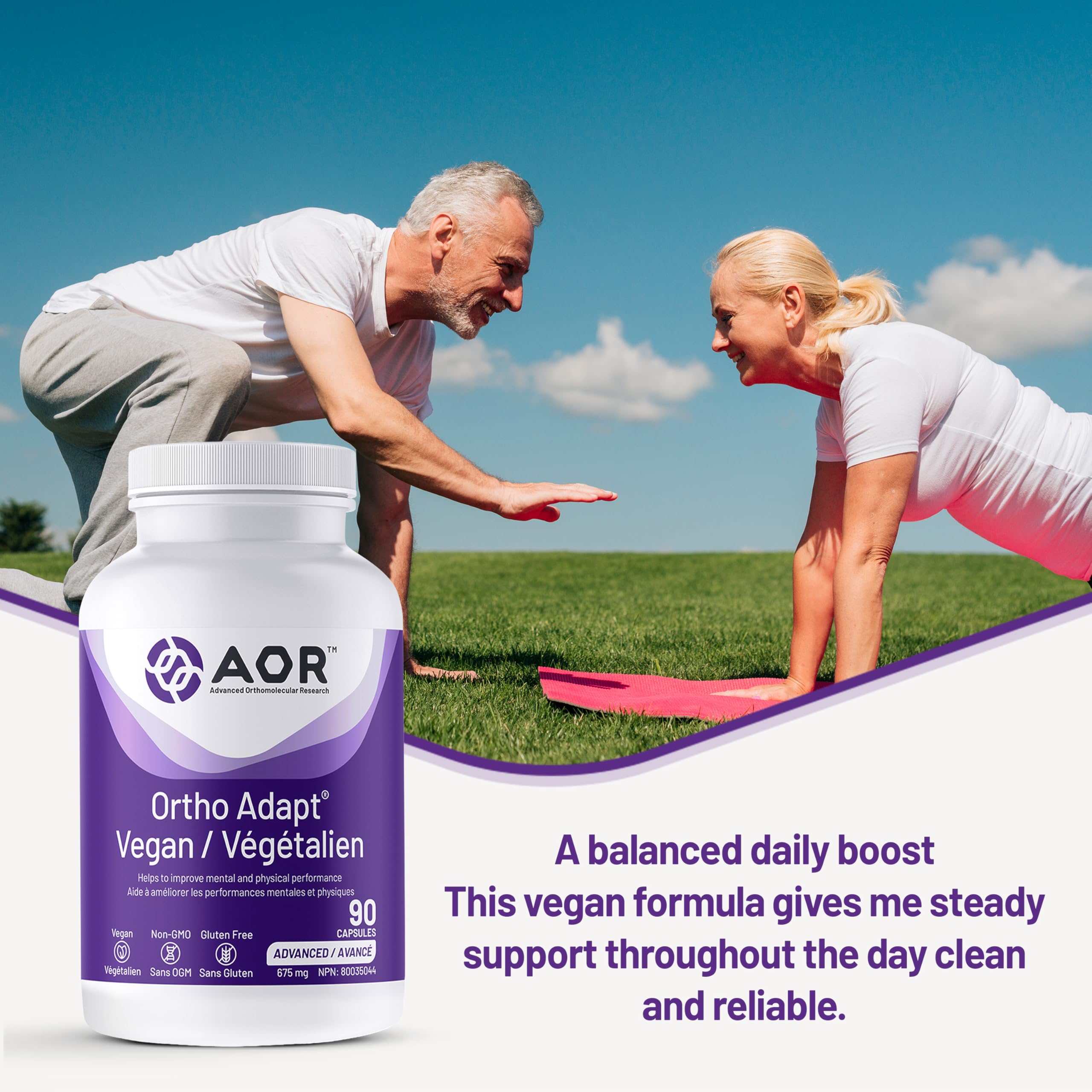 AOR Ortho Adapt Vegan 675mg, 90 gélules (45 jours) - Soutient l'énergie, contient de l'ashwagandha, de la rhodiola rosea, du ginseng sibérien et de la vitamine C - Adaptogènes pour améliorer les performances physiques et mentales