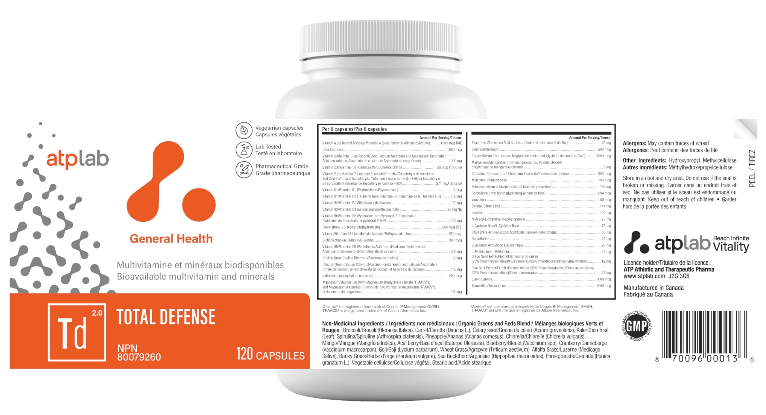 ATP LAB Total Defense, 120 gélules – Approvisionnement de 120 jours – Supplément multivitaminique/multiminéral pour adultes – Zinc et vitamine D3 avec vitamines B (B1, B2, B3, B6, B12), cuivre et magnésium, soutien du bien-être quotidien