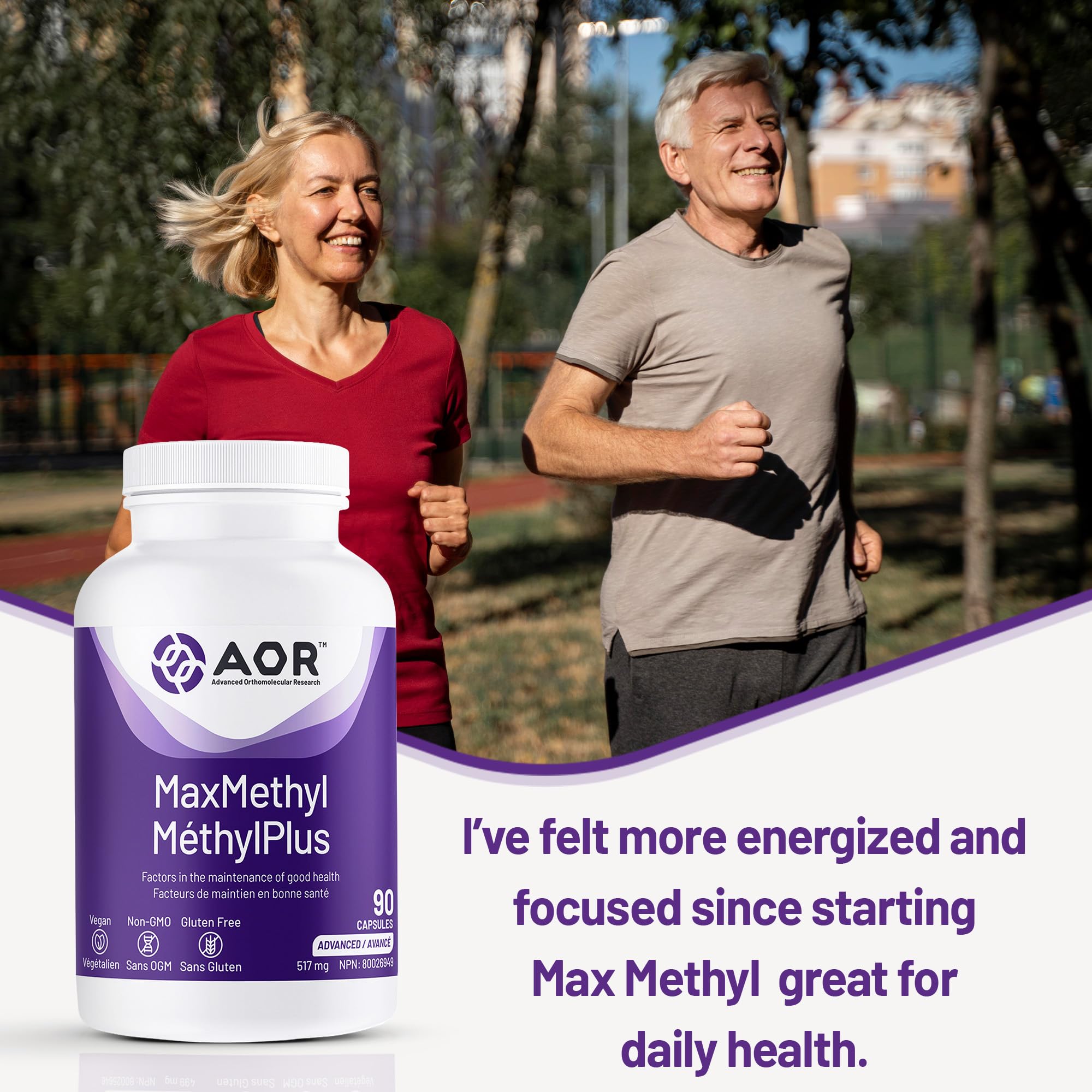 AOR Max Methyl 517mg, 90 gélules végétaliennes, 30 jours d'approvisionnement - Acide folique avec vitamine B6 active (P5P) & méthylcobalamine (vitamine B12), sans OGM, méthylation équilibrée et développement sain des globules rouges