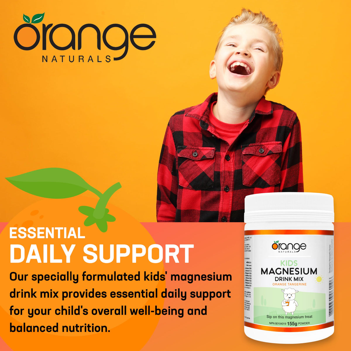 Orange Naturals - Kids Magnesium Drink Mix, Orange Tangerine Flavour, 155g Powder - Kids Magnesium Glycinate - Magnesium Drink Powder - Magnesium Supplement for Kids - Magnesium Powder Drink